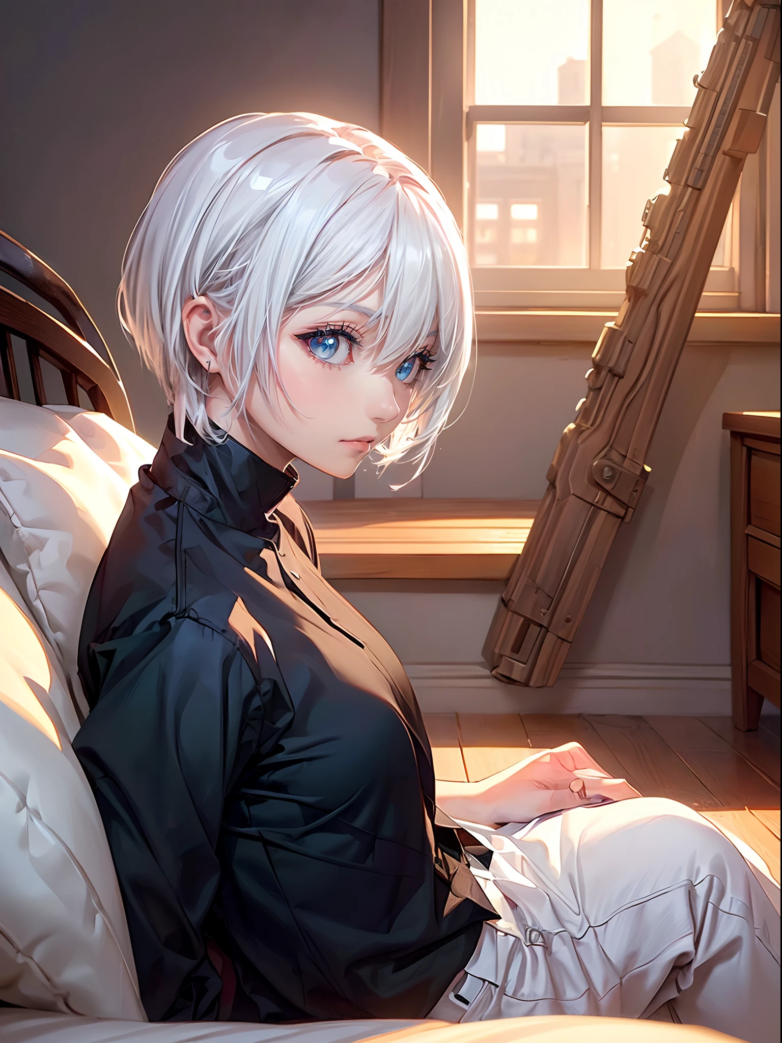 ((4K works))、masterpiece、(top-quality)、One Beautiful Girl、Slim body、tall、((Black Y-shirt and white pants、Charming street style))、(Detailed beautiful eyes)、Stylish black bedroom、Rooms where nobles live、Black shop window、Bedroom in the evening、((Sunlight leaking through the window))、((Shot in a black bedroom))、Sunset through the window、((dim room))、((Face similar to Carly Rae Jepsen))、((Short-haired white hair))、((Smaller face))、((Neutral face))、((Bright blue eyes))、((American adult women))、((Adult female 26 years old))、((cool lady))、((Like a celebrity))、((deadpan))、((Korean Makeup))、((elongated and sharp eyes))、((Happy dating))、((boyish))、((Upper body photography))、Professional Photos、((Shot alone))、((She is sitting on a futon))、((Shot diagonally from the side))、((Shot in close proximity to her))、((Focus zoom in))、((She watching the sunset))