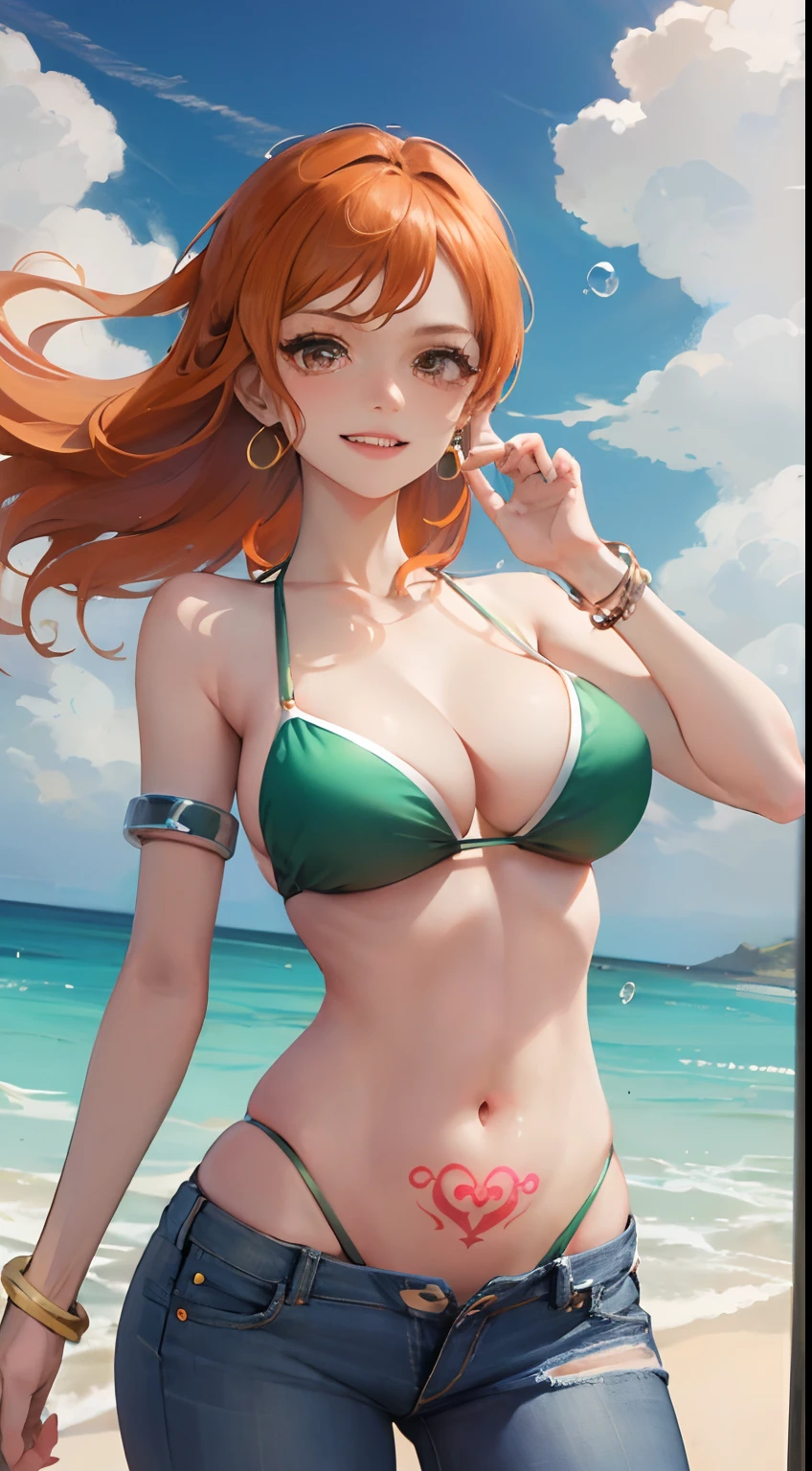 Nami \(one piece\),
1girl, bangle, explosions, bare shoulders, waistband, bikini, bikini top only, sky blue, bracelet, breasts, Brown eyes, bubble, cleavage, cloud, cowboy shot, day, denim, earrings, floating hair, green belt, green bikini, groin, jeans,  jewelry, big breasts, log pose, long  hair, looking at the scenes, Navel, orange hair, bloomers, shoulder tattoo, sidelocks, sky, smile, 独奏, Standing, stomach, swimsuit, tattoo
, ((巨作))
