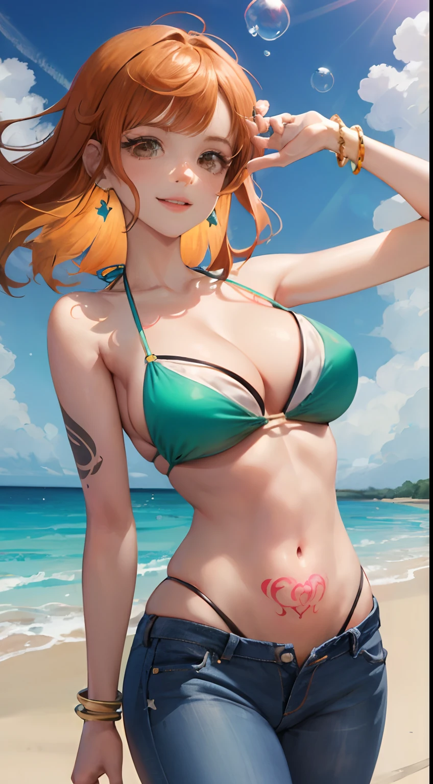 Nami \(one piece\),
1girl, bangle, explosions, bare shoulders, waistband, bikini, bikini top only, sky blue, bracelet, breasts, Brown eyes, bubble, cleavage, cloud, cowboy shot, day, denim, earrings, floating hair, green belt, green bikini, groin, jeans,  jewelry, big breasts, log pose, long  hair, looking at the scenes, Navel, orange hair, bloomers, shoulder tattoo, sidelocks, sky, smile, 独奏, Standing, stomach, swimsuit, tattoo
, ((巨作))