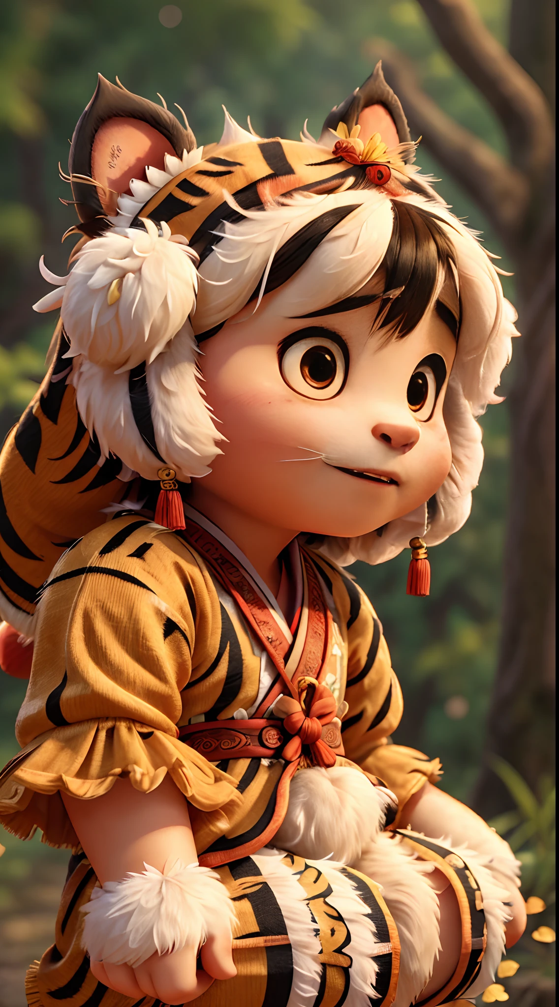 A little tiger dressed in traditional Chinese costume，Delicate and fluffy hair，The expression is cute，Ultra-detailed details，Local close-up，ultra HD picture quality，blur backgroun