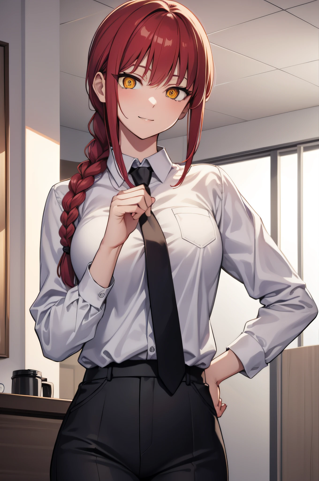 makima, long hair, smile, bangs, small breasts, (yellow eyes:1.2), braid, red hair, braided ponytail, ringed eyes, BREAK  shirt, long sleeves, jacket, white shirt, necktie, collared shirt, pants, (black jacket:1.1), black pants, formal, suit, black necktie, shirt tucked in, office lady, BREAK indoors, office, BREAK looking at viewer, BREAK (masterpiece:1.2), best quality, high resolution, unity 8k wallpaper, (illustration:0.8), (beautiful detailed eyes:1.6), extremely detailed face, perfect lighting, extremely detailed CG, (perfect hands, perfect anatomy),