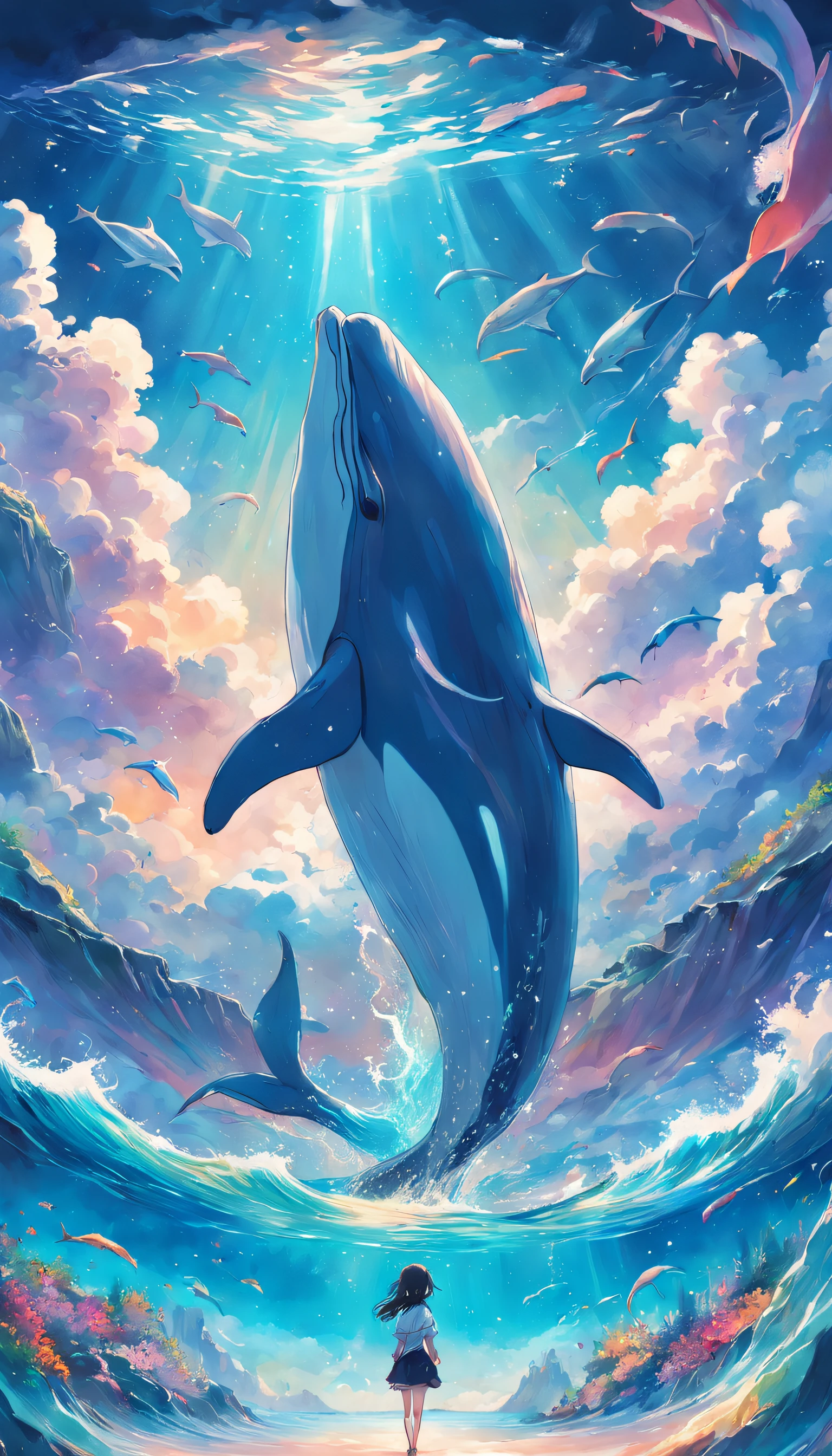 Painting of a dolphin swimming in colorful ocean, Look up at the composition，sky whales, Inspired by Cyril Rolando, dreamy psychedelic anime, colorful anime movie background, A beautiful artwork illustration, author：Shitao, colorful concept art, Makoto Shinkai Cyril Rolando, In the style of Cyril Rolando, flying whale, Highly detailed watercolor 8K, highly detailed water colour 8 k，octane，Fine，Realistic，8K，Estilo de Makoto Shinkai( reasonable design, Clear lines, High sharpness,Best quality, Very detailed, Masterpiece, movie light effect, 4K )