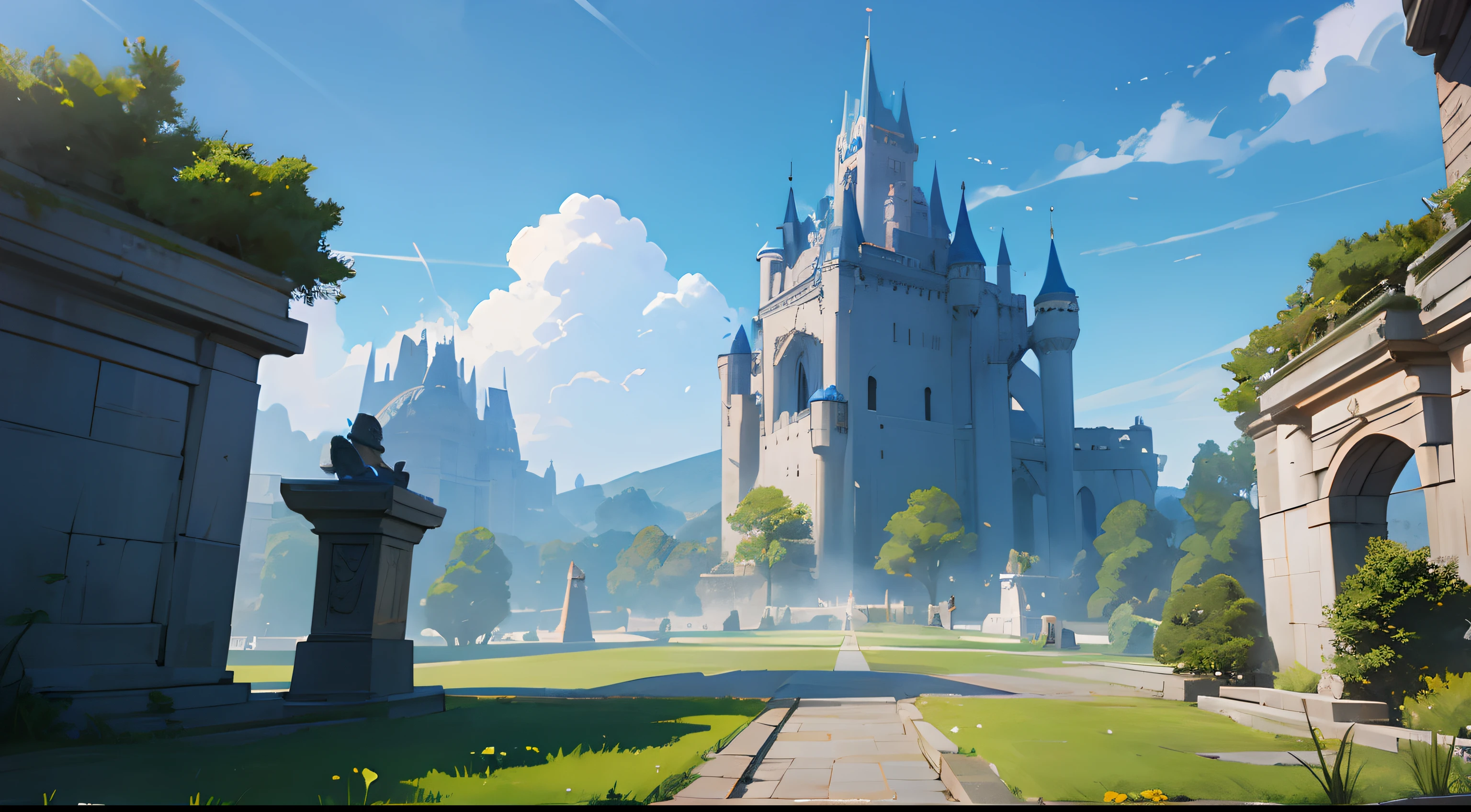 super beatiful landscape with castle yard, big statues of knights, law, alliance, blue sky, genshin impact style, artstation, league of legends