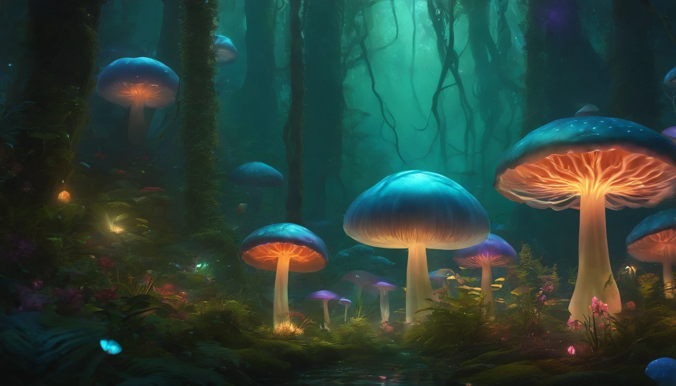 Alafis in the forest with jellyfish and other plants, underwater mushroom forest, metaverse concept art, magical concept art, surreal concept art, colorful concept art, Mushroom forest, background artwork, Slime mold forest environment, anime lush john 8k woods, lost in a dreamy fairy landscape, movie concept art, Stylized concept art