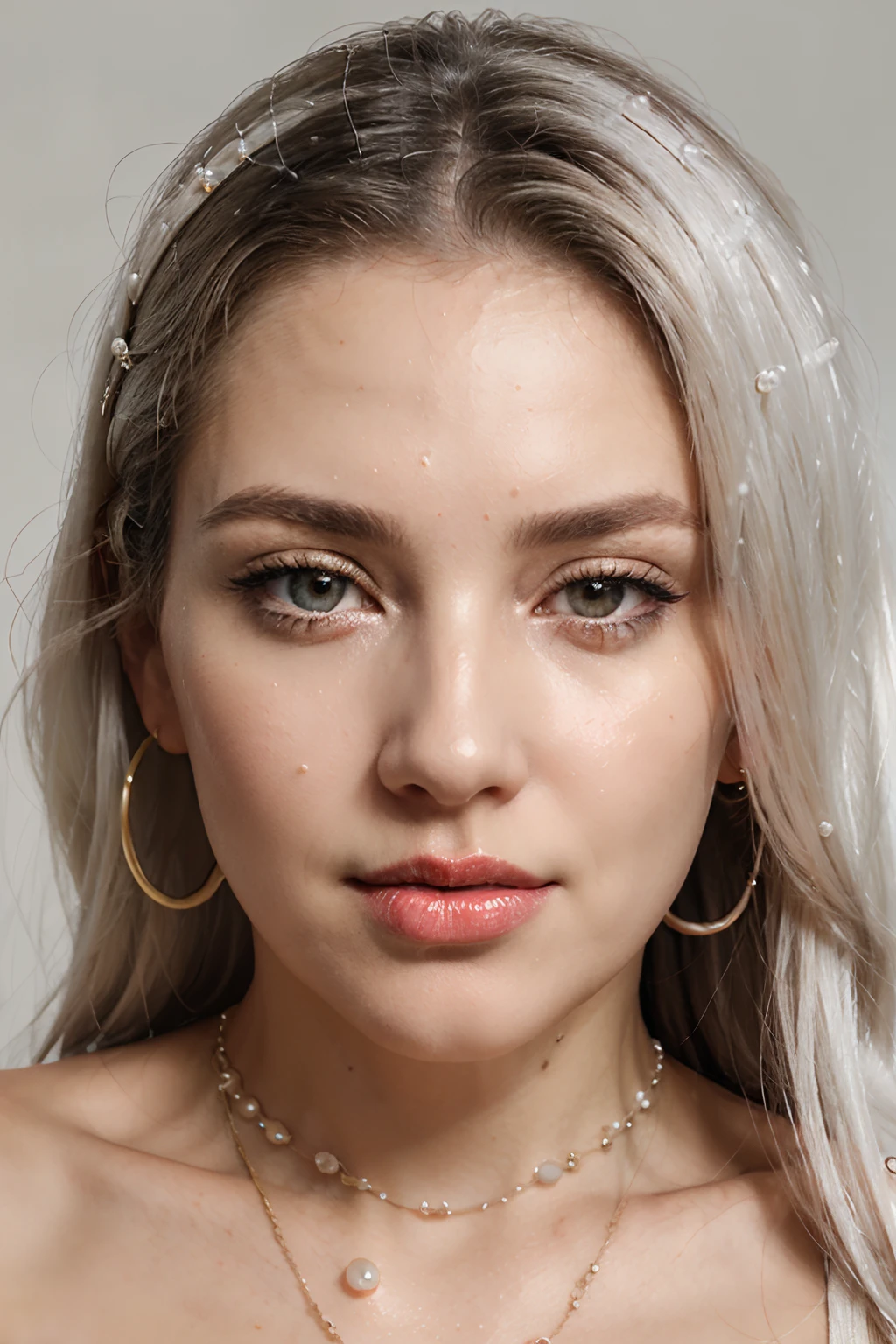 closup face portrait, clear light from above, mature woman, mature, 40 years old, white sticky thick liquid on her mouth, red lips covered with white drops of liquid, sperm , white dense liquid on her face, jewels, golden earings, pearl necklace, beautiful mature face, perfect nose, seductive look, looking at viewer with seductive eyes, long hair, white silver hair, 16k, photorealistic, real photo, nikon d800