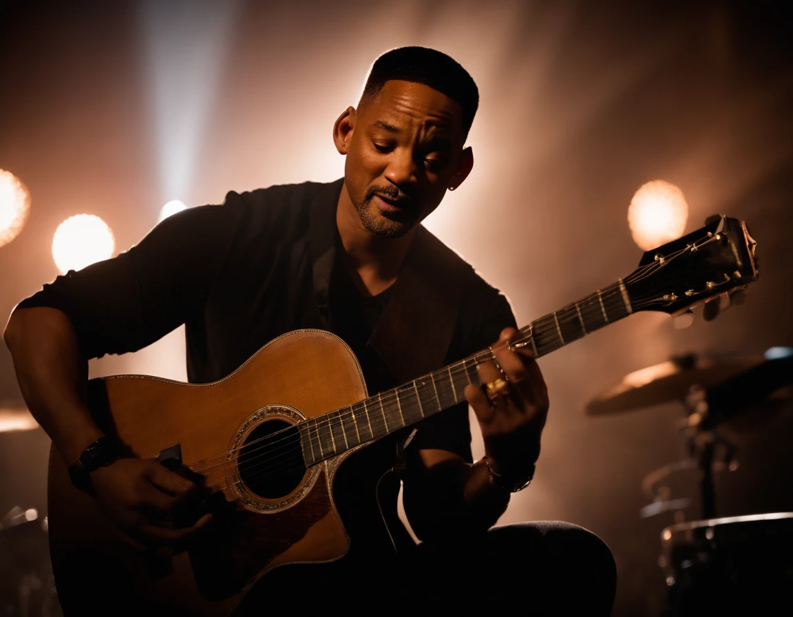 Imagine Fotografia do will smith tocando guitarra, show de rock, dedos realistas,