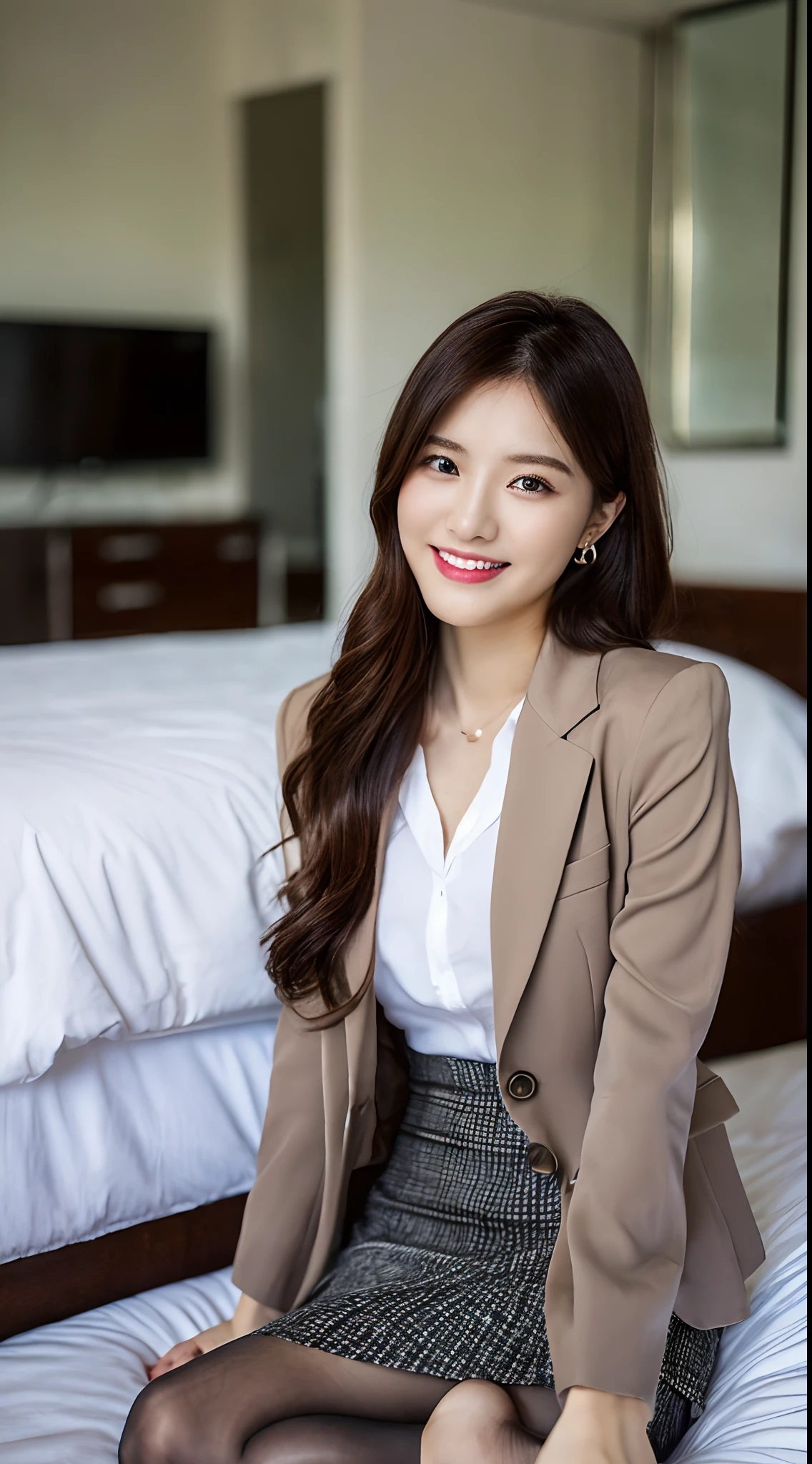 (1womanl), Beautiful, seducting smile, (Best Quality:1.4), (Ultra-detailed), (extremely detailed CG unified 8k wallpaper), Highly detailed, High-definition raw color photos, Professional Photography, Amazing face and eyes, makeup, (tempting look), (amazingly beautiful girl), ((Business Suit)), ((Mini skirt)), (Business shirt with wide open chest), (Spread your legs), ((Wear ultra-realistic pantyhose)), (:1.3), insertion, Seductive, (dim bedroom:1.3), (View from below)