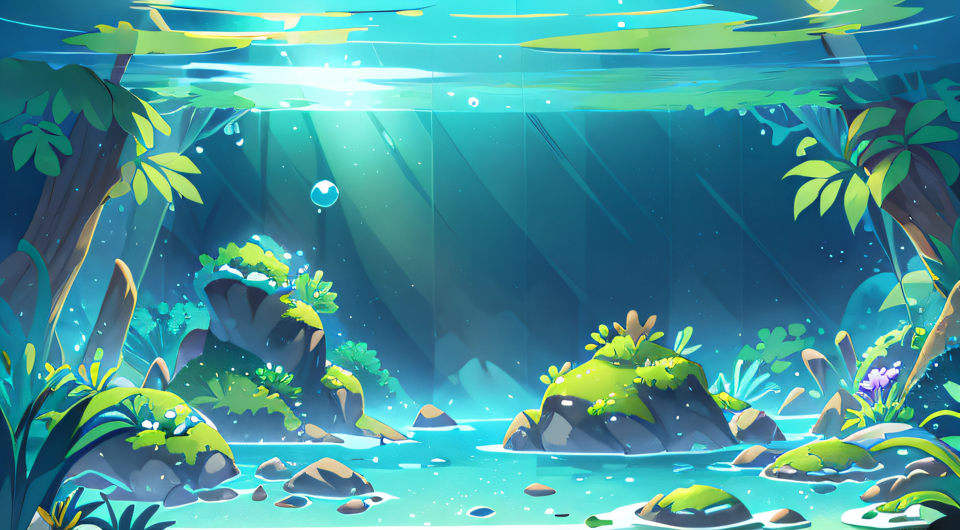 underwater landscape, As if viewed from below. The water is crystal clear, Let the sunlight pass through it,Light up the landscape. The scene is dominated by shades of blue and green, Create a serene and peaceful effect. The scene is complete,Small bubbles floating on the surface of the water.