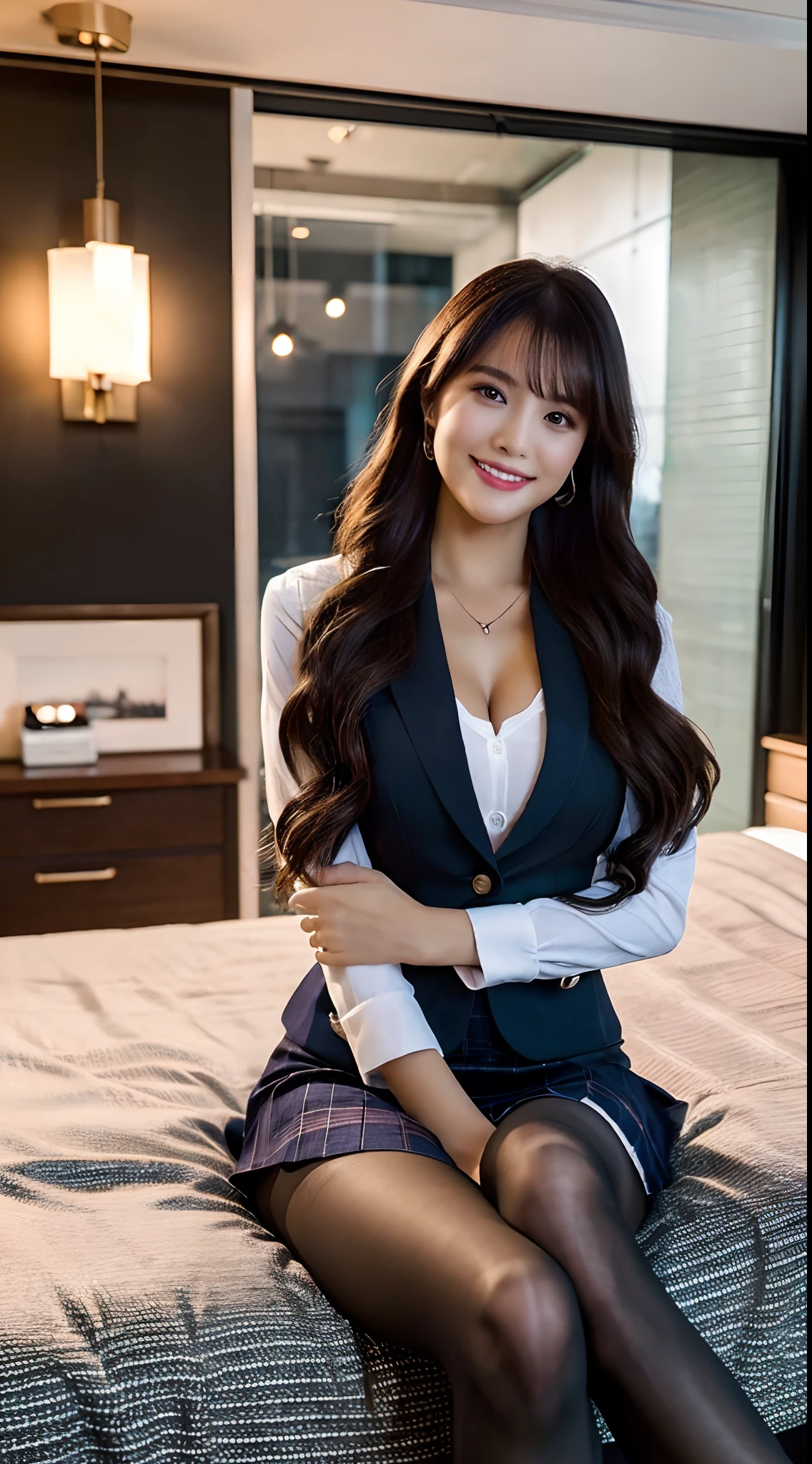 (1womanl), Beautiful, seducting smile, (Best Quality:1.4), (Ultra-detailed), (extremely detailed CG unified 8k wallpaper), Highly detailed, High-definition raw color photos, Professional Photography, Amazing face and eyes, makeup, (tempting look), (amazingly beautiful girl), ((Business Suit)), ((Mini skirt)), (Business shirt with wide open chest), (Spread your legs), ((Wear ultra-realistic pantyhose)), (:1.3), insertion, Seductive, (dim bedroom:1.3), (View from below)
