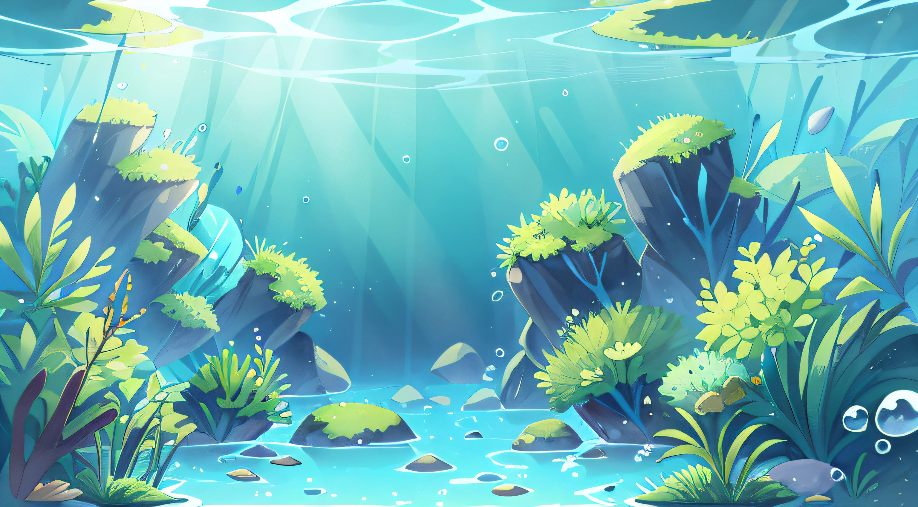 underwater landscape, As if viewed from below. The water is crystal clear, Let the sunlight pass through it,Light up the landscape. The scene is dominated by shades of blue and green, Create a serene and peaceful effect. The scene is complete,Small bubbles floating on the surface of the water.