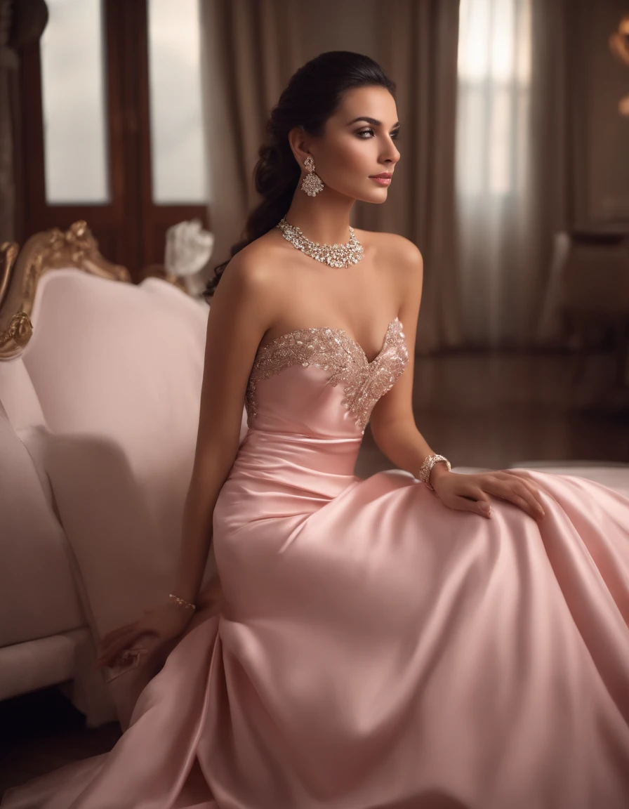 (Best quality), best image quality, highest resolution, super detail, hair ornament(princes), black hair, long hair, ponytail, earrings, diamond necklace, perfect face, high detailed skins, 8k, make up, silk lips pink, rose gold satin dress, short dress, satin dress material is shiny, soft and smooth to the touch, very thin satin, satin dress sticks to the skin, satin dress that fits the body, off shoulder dress, no split dress, c cup,one hand off mounting, sexy full body, (wet body :1.3) dynamic pose, lie down, fullbody, sexy pose, focus viewer, one beautiful woman, shot bedroom, naked, sweaty, glass, mattres