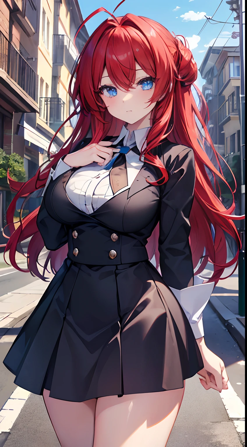 masterpiece, best quality, 1girl, long hair, looking at viewer, :3, cute, black school uniform, outdoors, streets, cowboy shot, big breasts, curvy, (((blue eyes))), rias gremory, red hair, antenna hair, wavy hair, ((beautiful detailed eyes, beautiful detailed shine, lots of shine)), anime screenshot