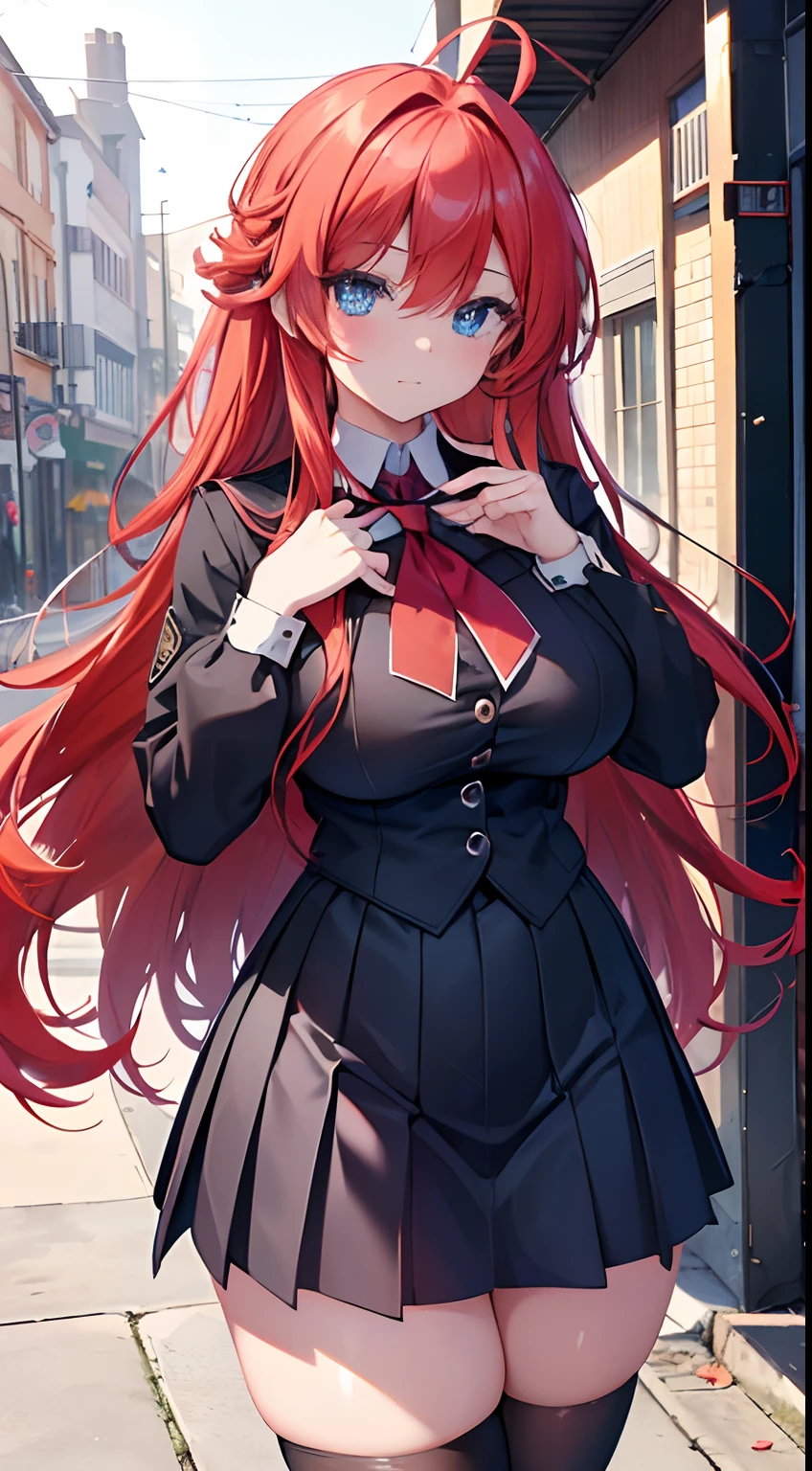 masterpiece, best quality, 1girl, long hair, looking at viewer, :3, cute, black school uniform, outdoors, streets, cowboy shot, big breasts, curvy, (((blue eyes))), rias gremory, red hair, antenna hair, wavy hair, ((beautiful detailed eyes, beautiful detailed shine, lots of shine)), anime screenshot