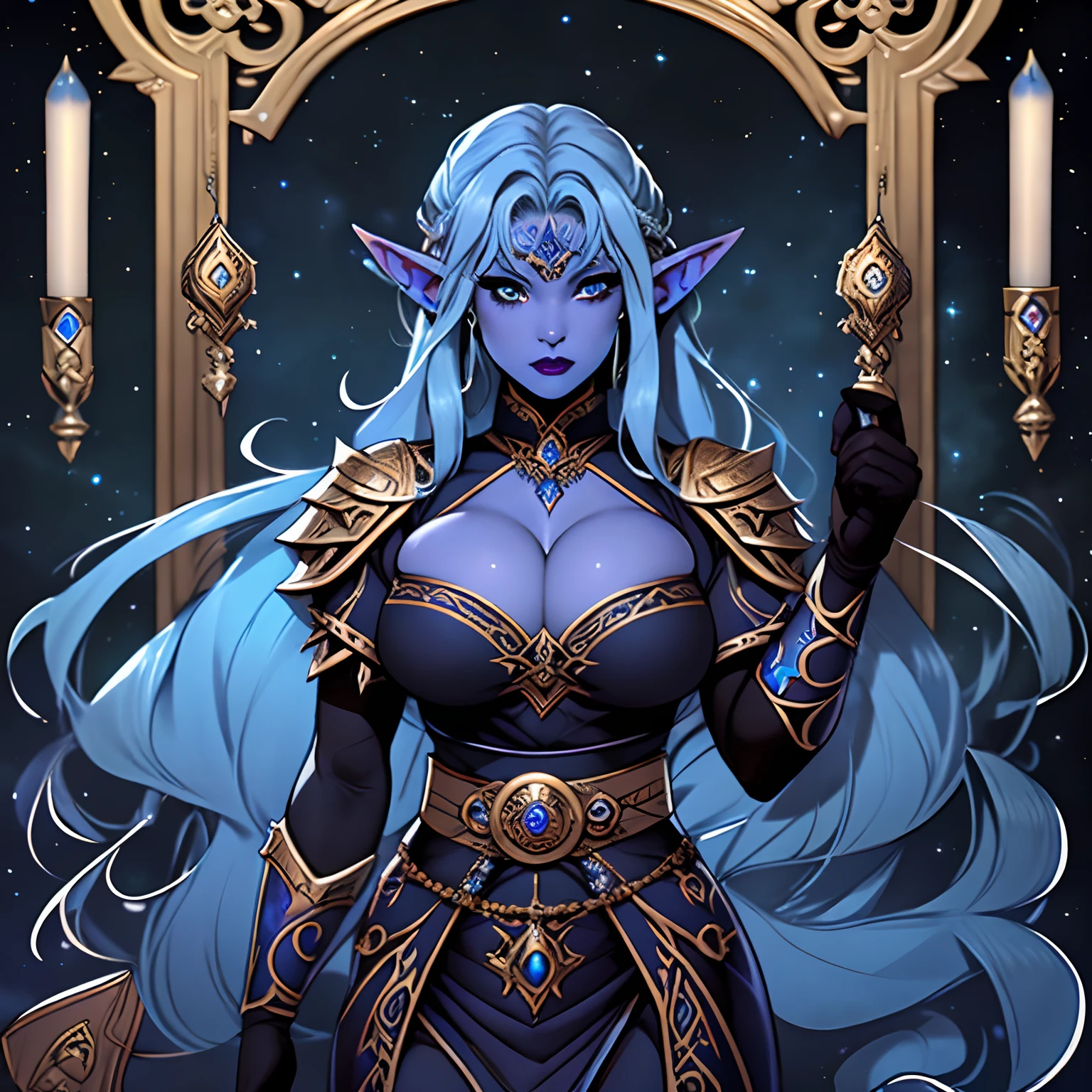 detailed art of a muscular elf woman. She has blue colored skin. Blue skin. Light blue skin. Light purple skin. She is wearing a flowing ornate black and silver kimono. She wears flat-soled black combat boots. She wears black gloves. she has black lipstick, black eyeliner, and dark hair. She stands on a stone floor in a temple with a starry night sky background. thick thighs, tattoos. full body portrait. Cleavage tattoos, massive breasts, big butt. character art. Masterpiece. Exposed legs cleavage. Solo.