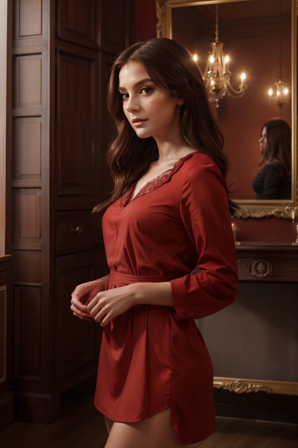 visage, long_cheveux, magnifique, Fille de la ville, clivage, occidental, chemise rouge et mini jupe , fille chaude, debout au salon (Masterpiece), Best quality, High resolution, Extremely detailed, Interior background, profondeur de champ, lighting cinematic,