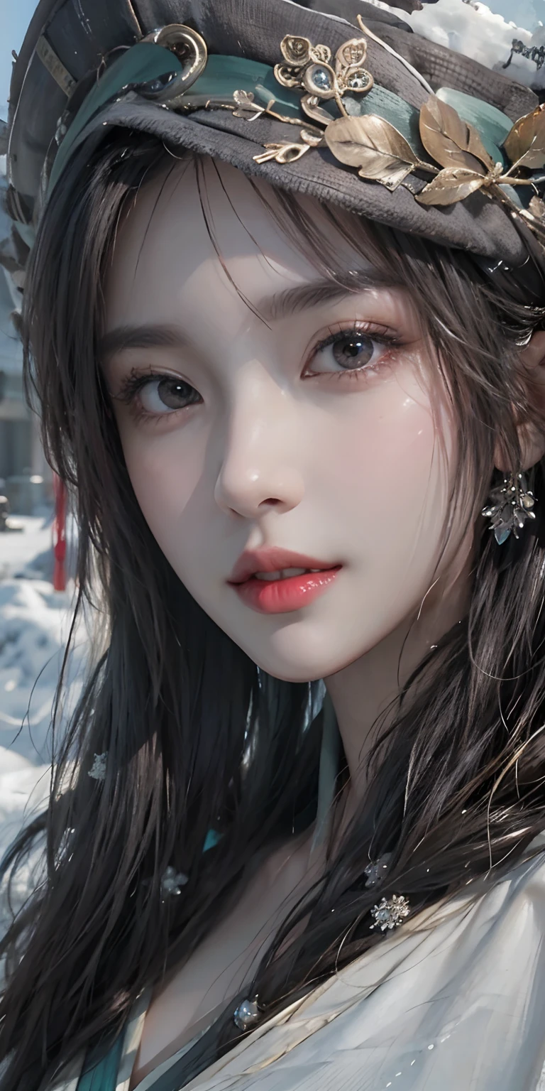 Photorealistic, High resolution, Soft light,1womanl, Solo, hips up high, glistning skin, (Detailed face),The tattoo, Jewelry, Winter Hanfu, cloaks, Snow, Night, Wavy Hair, Beautiful Soldier, An eye that invites the viewer, Lover's perspective, inviting expression, Sexy smile, Perfect Style, Perfect balance, Detailed skin, Naughty gaze, Chest visible