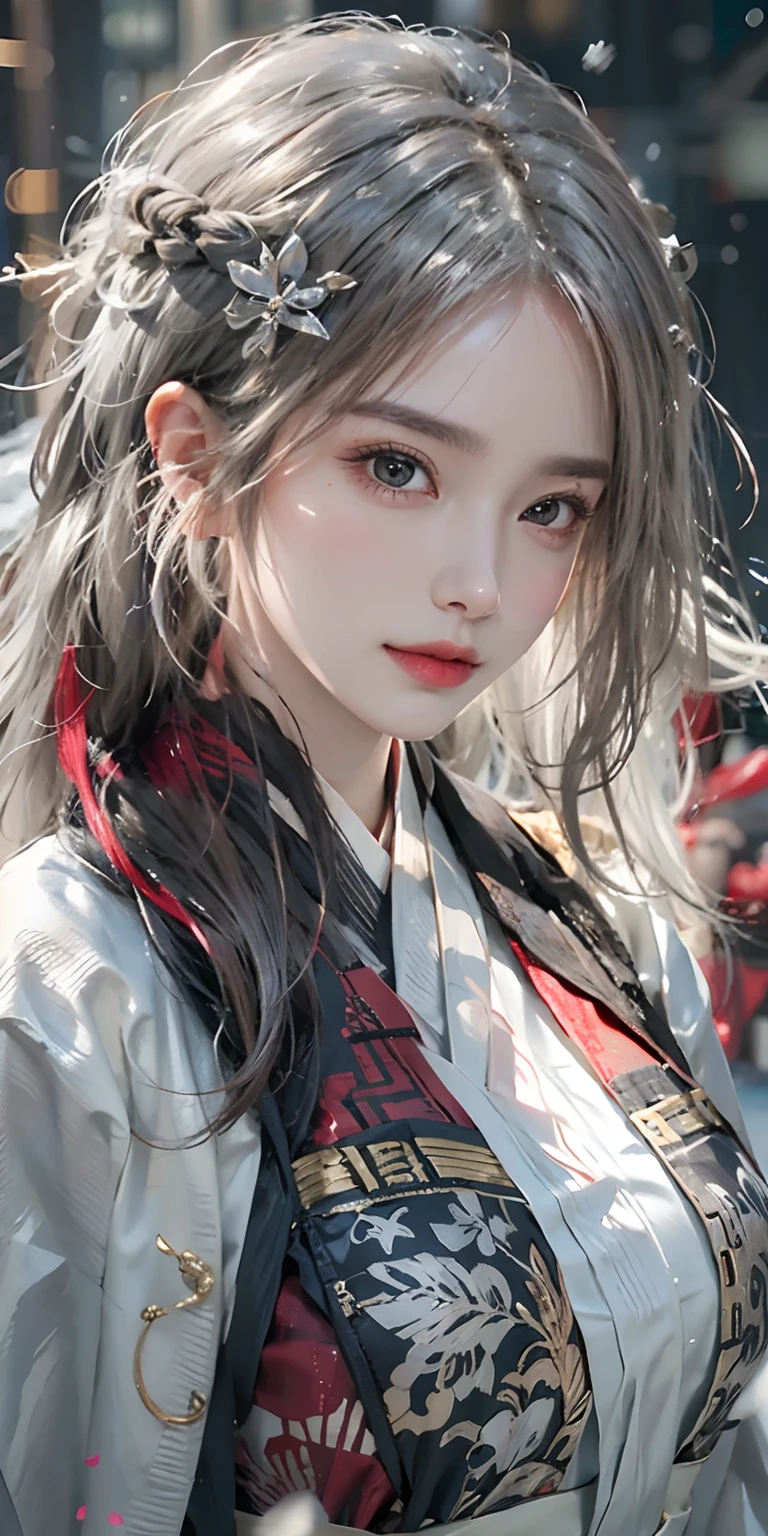 Photorealistic, High resolution, Soft light,1womanl, Solo, hips up high, glistning skin, (Detailed face),The tattoo, Jewelry, Winter Hanfu, cloaks, Snow, Night, Wavy Hair, Beautiful Soldier, An eye that invites the viewer, Lover's perspective, inviting expression, Sexy smile, Perfect Style, Perfect balance, Detailed skin, Naughty gaze, Chest visible