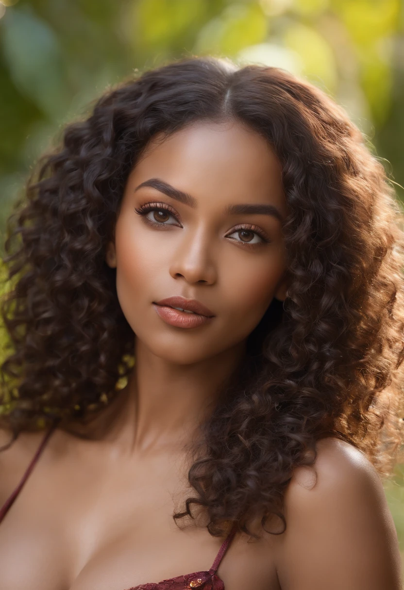 (african woman,little sexy outfit),(beautiful detailed eyes,sensual lips,curly hair),(vibrant colors,rich texture),(oil painting),(luscious background),dancing flowers,floating butterflies,exotic plants,sunlit garden,(best quality,4k,highres),(realistic,photorealistic),(warm color scheme),(soft, warm lighting), full body, (large breasts)