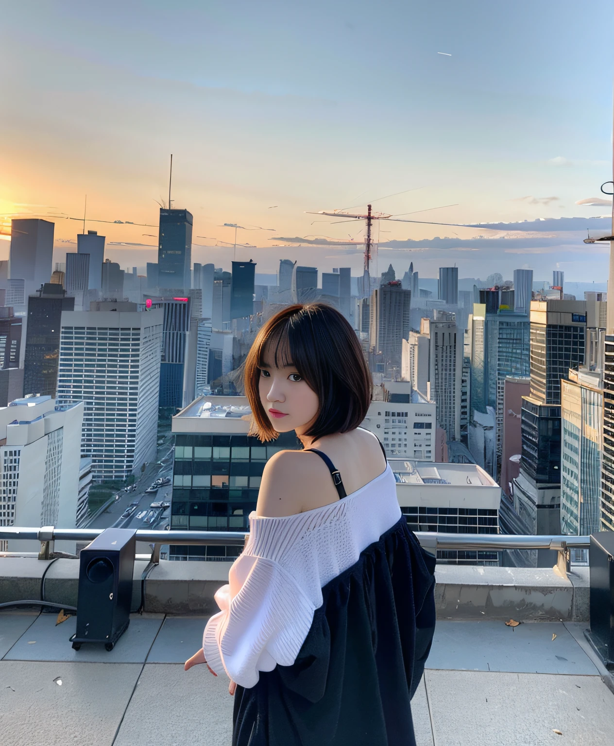 (​masterpiece), top-quality, 超A high resolution,Japan teenage girls, Cyberpunk Stunning cityscape,Japan girl standing on rooftop ,parka,Scorching sun, extra very short hair, off shoulders, feathers hair ornament, neon color, flushed, Stunning daytime sky, 电影灯光, Photorealsitic, real looking skin, nffsw,