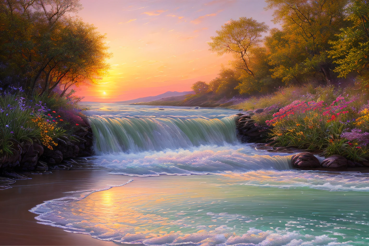, Eau,coucher du soleil,fleurs,(Highly detailed CG Unit 8k wallpaper), The most beautiful work of art in the world, Professional majestic oil painting, complexe, High detail, mise au point nette, dramatique, Art of photorealist painting,