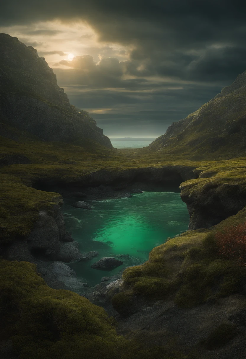 (highres,best quality:1.2),dystopian,fantastical illustration,ocean,mutant fish,unearthly landscape,glowing radioactive water,floating islands,post-apocalyptic scenery,floating whale carcass,otherworldly creatures,green toxic fog,desolate ruins,enchanted forest,ominous clouds,barren wasteland,ethereal moonlight,bioluminescent flora,crumbling cityscape,intricate details,majestic view of the Bering Strait,map of the White Sea Strait,dire consequences of nuclear pollution,nuclear power plant in ruins,hauntingly beautiful,chromatic aberration,crimson-tinted skies,eerie silence,strong contrast between light and shadow,ominous atmosphere,tranquil and unsettling,hauntingly atmospheric.