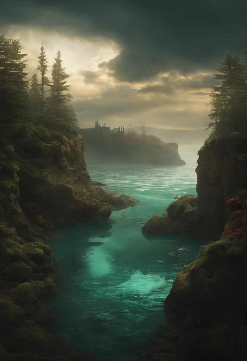 (highres,best quality:1.2),dystopian,fantastical illustration,ocean,mutant fish,unearthly landscape,glowing radioactive water,floating islands,post-apocalyptic scenery,floating whale carcass,otherworldly creatures,green toxic fog,desolate ruins,enchanted forest,ominous clouds,barren wasteland,ethereal moonlight,bioluminescent flora,crumbling cityscape,intricate details,majestic view of the Bering Strait,map of the White Sea Strait,dire consequences of nuclear pollution,nuclear power plant in ruins,hauntingly beautiful,chromatic aberration,crimson-tinted skies,eerie silence,strong contrast between light and shadow,ominous atmosphere,tranquil and unsettling,hauntingly atmospheric.