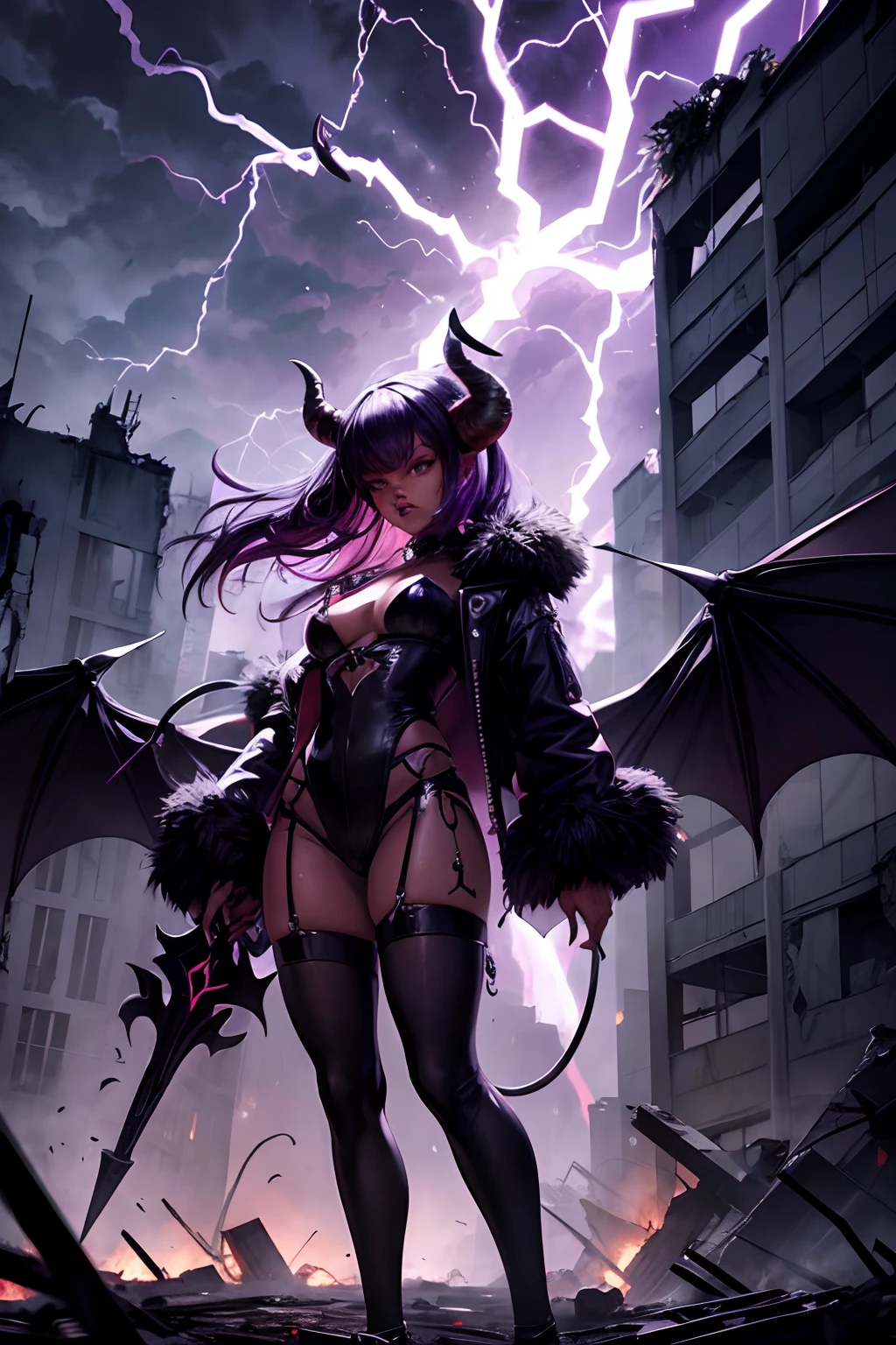Rihanna hyper-giant, Hyper-powerful demon with two demon horns on his head and demon wings, Purple lightning fire on a building and shatters buildings , ville en ruine post apocalyptique,