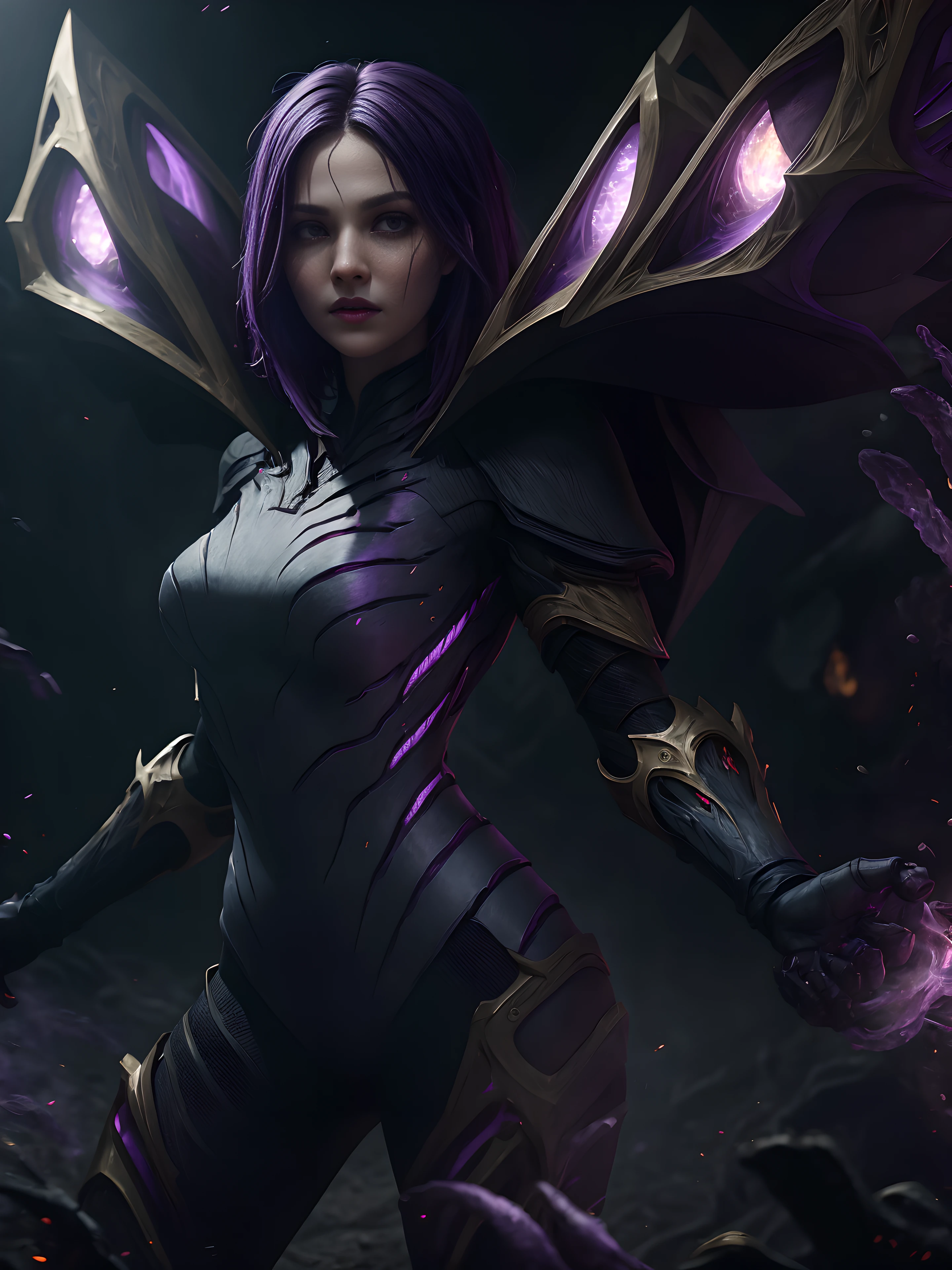 1girl, kai'sa, League of Legends, Purple wings, dark violet hair, violet eyes, looking at the audience, (dynamicpose), (Wings of the Void), arma, Masterpiece, extremely detailed CG unity 8k wallpaper, Best Quality, Clear Focus, Void Field, A surge of dark magic, gotik, Burnt purple gradient,  Extreme textures, Horror, terrific, Creepy, Scarimok a sense of sophistication and tranquility. ((((cinematic look)))), soothing tones, contour light.