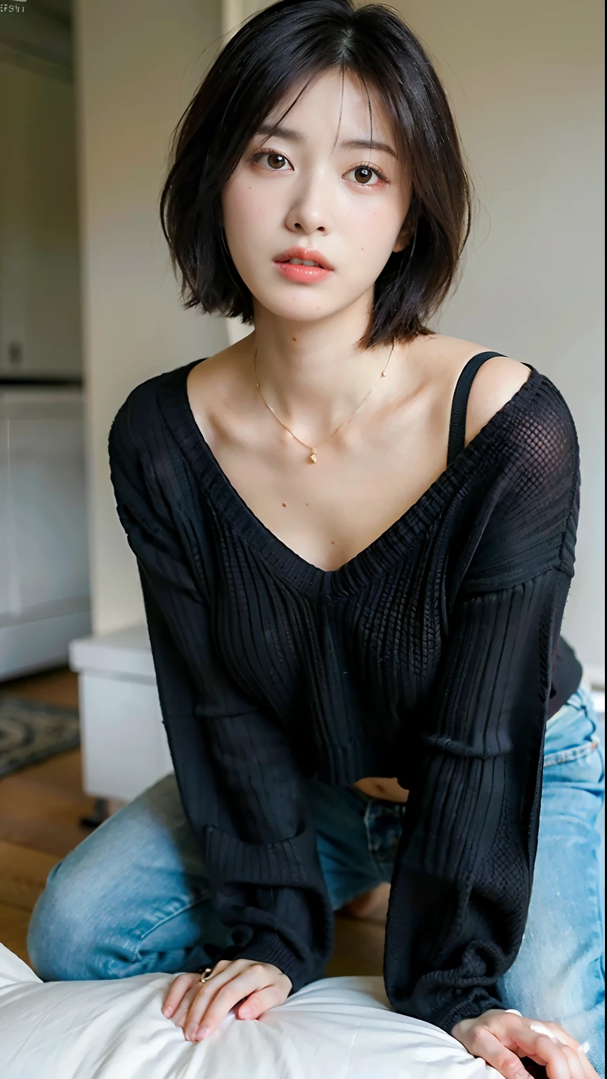 (Best Quality, 8K, 32K, masutepiece, nffsw: 1.2), Photo of a cute Japanese woman, Big, Very short bob hair, (Oversized_Sweaters,:1.1) Necklace, Full body, No bra, , Naked, Crawling on all fours, Dark Areola