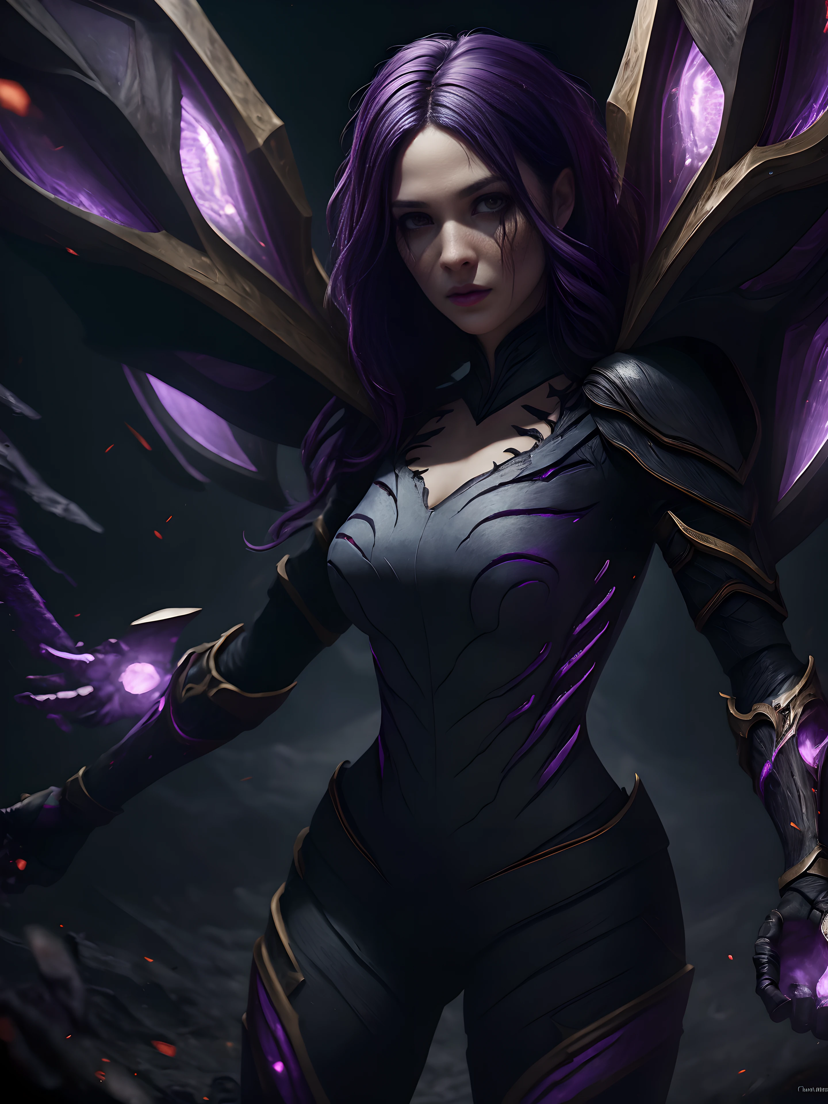 1girl, kai'sa, League of Legends, Purple wings, dark violet hair, violet eyes, looking at the audience, (dynamicpose), (Wings of the Void), arma, Masterpiece, extremely detailed CG unity 8k wallpaper, Best Quality, Clear Focus, Void Field, A surge of dark magic, gotik, Burnt purple gradient,  Extreme textures, Horror, terrific, Creepy, Scarimok a sense of sophistication and tranquility. ((((cinematic look)))), soothing tones, contour light.