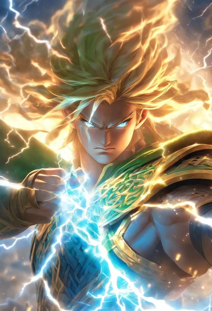 (((cian))) Best Quality, Ultra-high resolution, 4K Detail CG, masutepiece,Celtic gods,lightning bolt, ,Celtic clothing,Celtic mythology, ((Celtic god of thunder)) ,aesthetics, Center the screen,