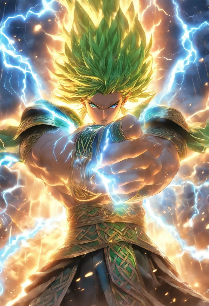 (((cian))) Best Quality, Ultra-high resolution, 4K Detail CG, masutepiece,Celtic gods,lightning bolt, ,Celtic clothing,Celtic mythology, ((Celtic god of thunder)) ,aesthetics, Center the screen,