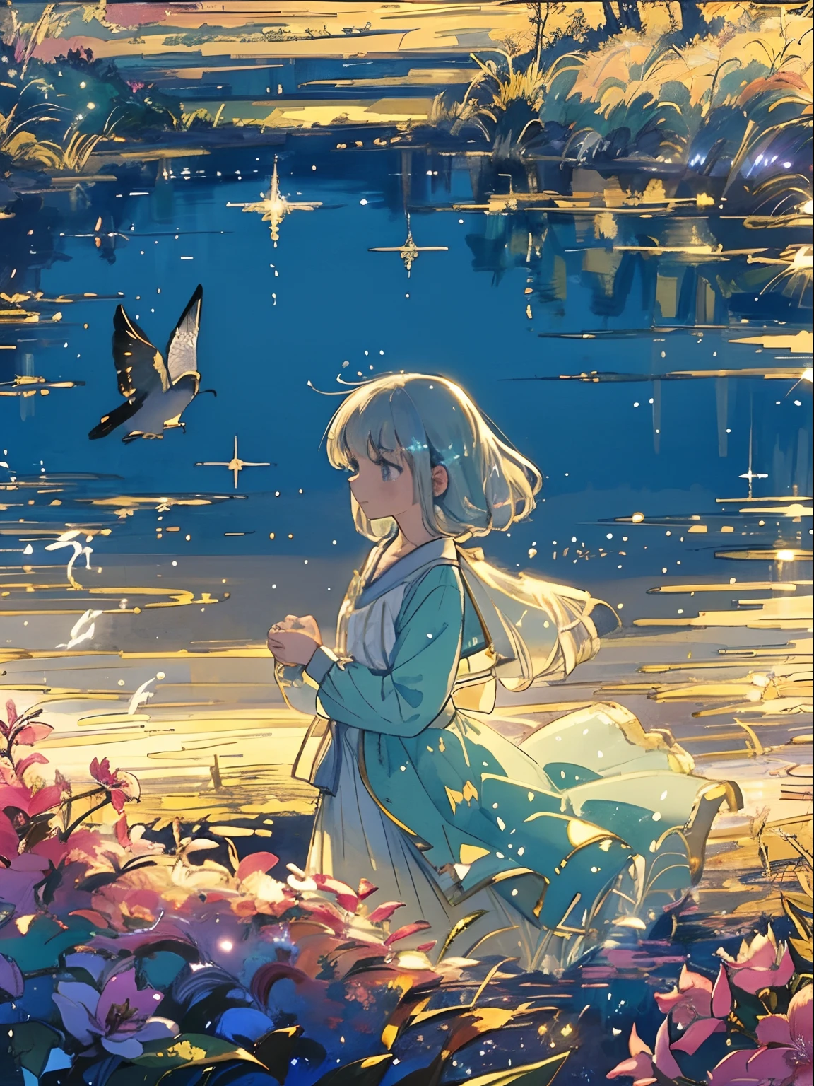 A little girl, delicate beauty, dreamlike atmosphere, ethereal glow, graceful motion, a bird in her hand, watercolor, detailed eyes, flowing dress, vibrant colors, soft lighting, whimsical surroundings, enchanted garden, golden sunlight, ethereal scenery, glowing flowers, magical presence, gentle breeze, innocent expression, enchanting moment, artful strokes, surreal ambiance, fleeting happiness, joyful harmony, radiant innocence, tender emotions, serene tranquility, playful curiosity, captivating charm, imaginative wonder, artistic masterpiece, picturesque scene, tranquil oasis, blissful serenade, magical realism, ethereal dreamland, mesmerizing enchantment, delightful discovery, treasured memories, captivating narrative, everlasting joy. (best quality, highres, ultra-detailed, realistic, vivid colors, soft lighting)