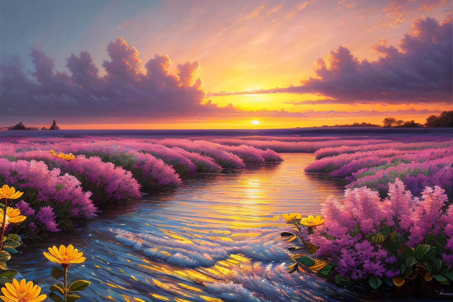 Eau,coucher du soleil,fleurs,(Highly detailed CG Unit 8k wallpaper), The most beautiful work of art in the world, Professional majestic oil painting, complexe, High detail, mise au point nette, dramatique, Art of photorealist painting,