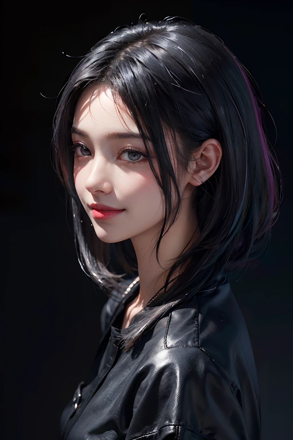 a 20 yo woman、Black blue Hair、long twintail、Big smile、(hi-top fade:1.3)、dark themed、Muted Tones、Subdued Color、highly contrast、(natural skin textures、Hyper-Realism、Soft light、sharp)