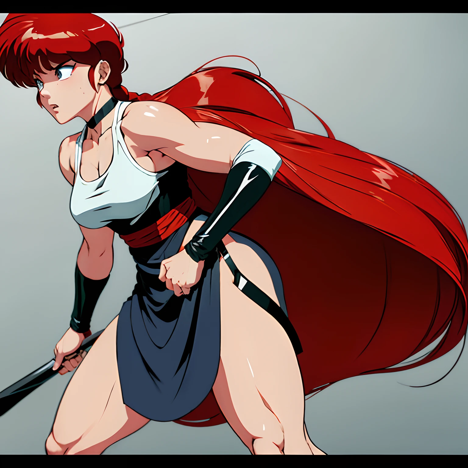 Picture Ranma Saotome in her female form, with long, flowing red hair cascading down her back. She's dressed in a sleek leather skirt and high heels, adding an alluring and fierce touch to her martial artist persona. Her tank top, with thin straps, complements her outfit. She stands with confidence, preparing to face off against a much larger and imposing opponent. The tension in the air is palpable as she readies herself for the upcoming battle. Create an image that captures the bold and determined spirit of Ranma as she confronts her formidable foe.