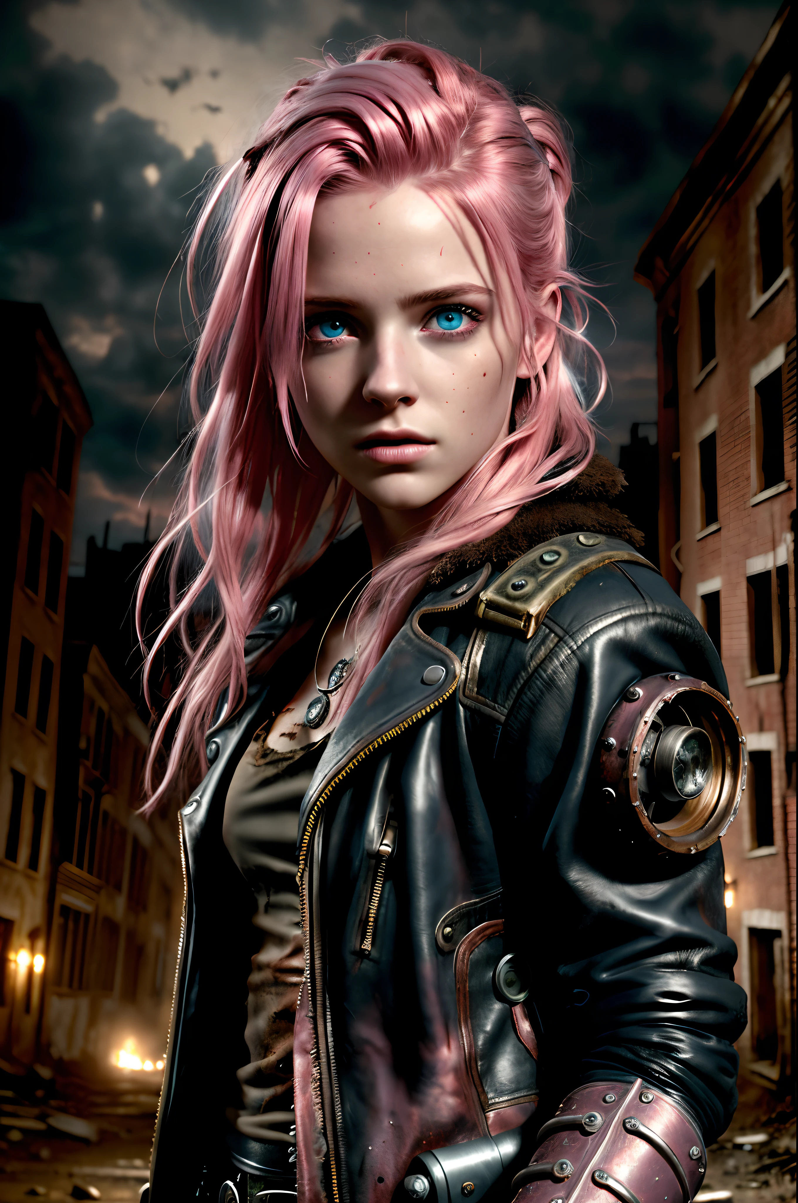 masterpiece, ultra detailed, 8K, Raw photo, Realistic light, Cinematic composition, skyscape with clouds,  full colours nightfall, depth of field, 35 mm, postapocalyptic aura, steampunk aesthetic, 18 years old cute woman, on the ruined street, (torn dirty steampunk clothing), cute sexy, depth of field, (Focus: 1.2), dark atmosphere, in dinamic, cinematic lighting, detailed face and skin texture, fine eyes, pink hair colour, action movie style, vivid colours