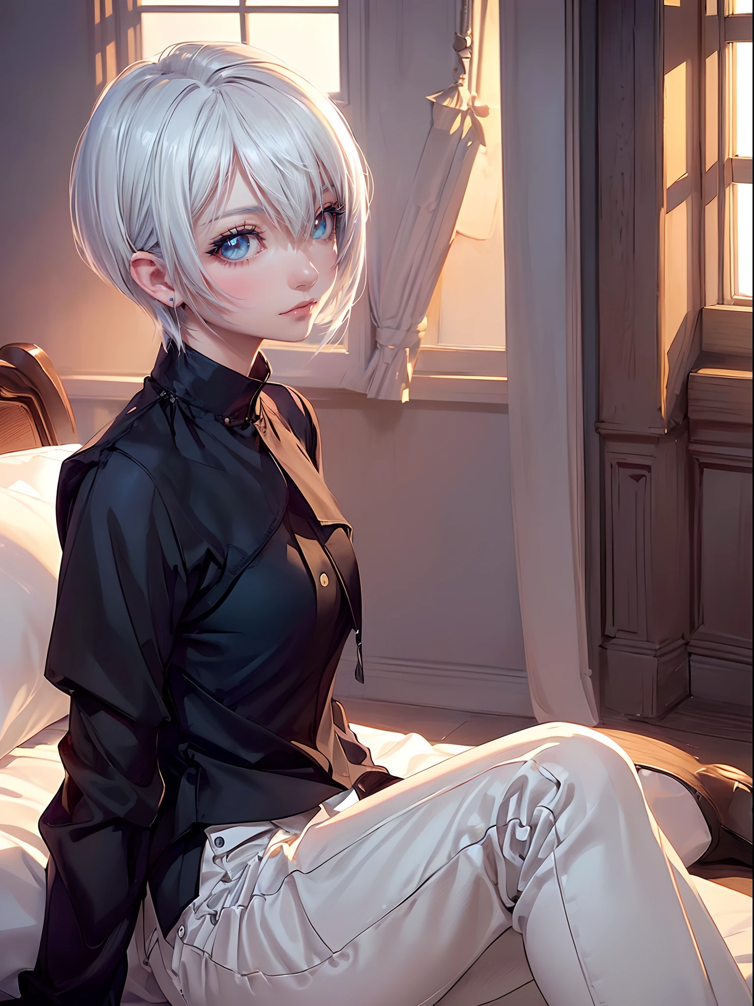 ((4K works))、​masterpiece、(top-quality)、One Beautiful Girl、Slim body、tall、((Black Y-shirt and white pants、Charming street style))、(Detailed beautiful eyes)、Stylish black bedroom、Room where nobles live、Black shop window、Bedroom in the evening、((Sunlight leaking through the window))、((Shot in a black bedroom))、Sunset through the window、((dim room))、((Face similar to Carly Rae Jepsen))、((Short-haired white hair))、((Smaller face))、((Neutral face))、((Bright blue eyes))、((American adult women))、((Adult female 26 years old))、((cool lady))、((Like a celebrity))、((deadpan))、((Korean Makeup))、((elongated and sharp eyes))、((Happy dating))、((boyish))、((Upper body photography))、Professional Photos、((Shot alone))、((She is lying on the futon))、((Shot diagonally from the side))、((Shot in close proximity to her))、((Focus zoom in))、((She is watching the sunset))