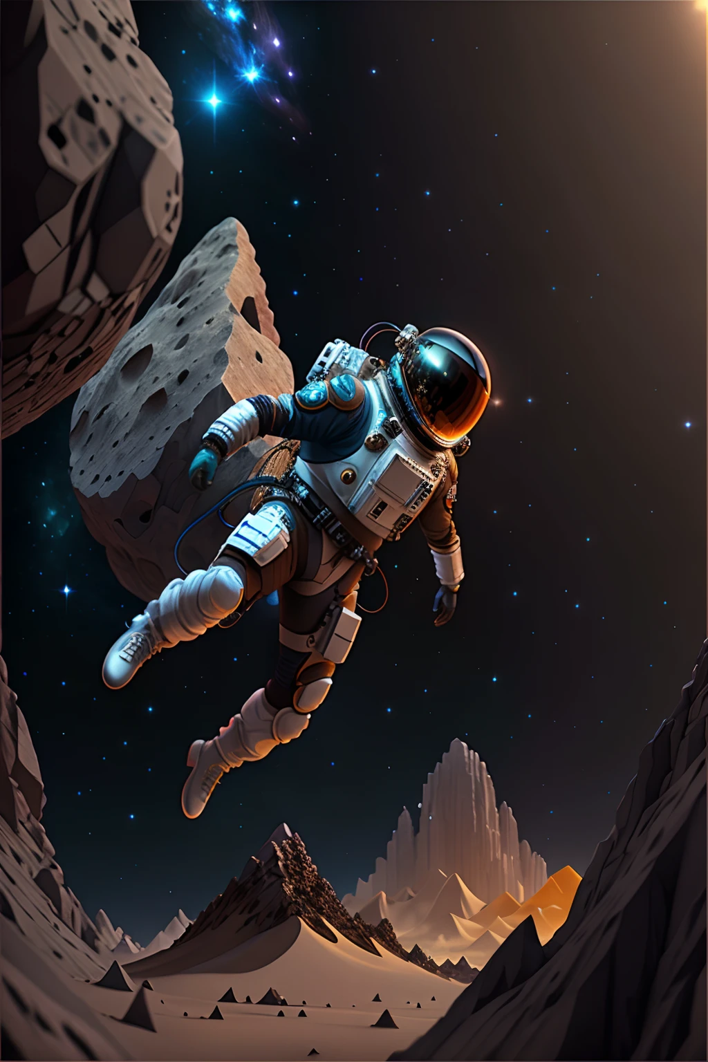 The astronaut, climbing the asteroid, Character rendering, super high-quality model, Gorgeous space background, Abstract beauty, Explosive volume,high-definition quality,8K