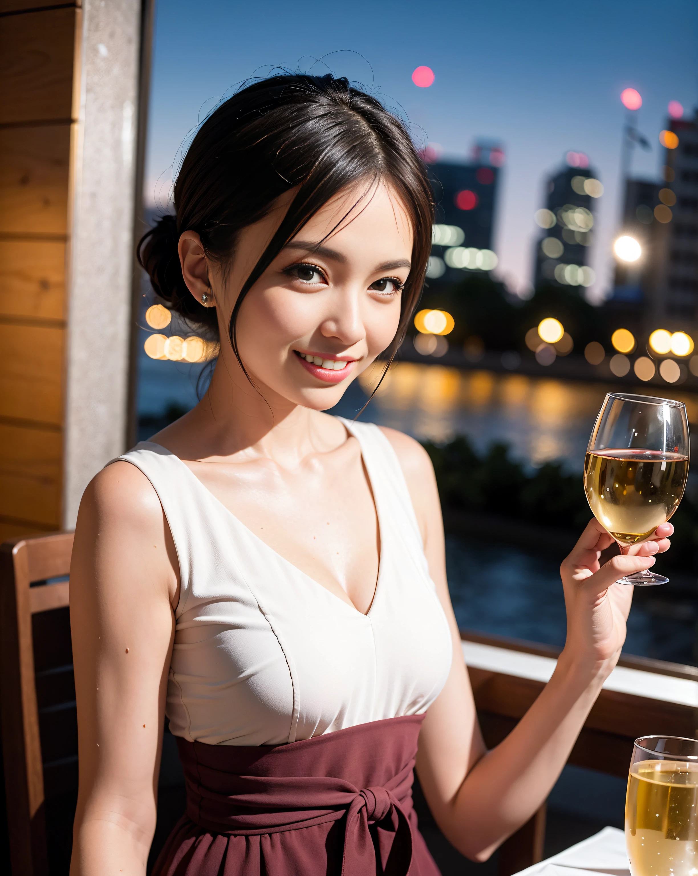 (64K, UHD, top quality, masterpiece: 1.2), (realistic, photorealistic: 1.37), super detailed, pretty woman 1 person, (slim face), (slim body), (brown hair), (short cut), cheeks slightly blushing, (44 years old), 38 years old, solo, beautiful detailed urban night view outside the window, restaurant, wine glasses sit, at night, in a prominent placeNovaFrogStyle, Actress, Model, Waist Up, White Wine, Slim, Wine Glass, Super Clean Night View, Wine Glass Put in the Middle, Happy Smile, (Smile: 1.15), Beautiful Fine Eyes, Upper Body, Bust Japan Up, Night, Short, Short, Actress, Model, Waist Up, White Wine, Slim, Wine Glass, Super Clean Night View, Wine Glass Put in the Middle, Happy Smile,