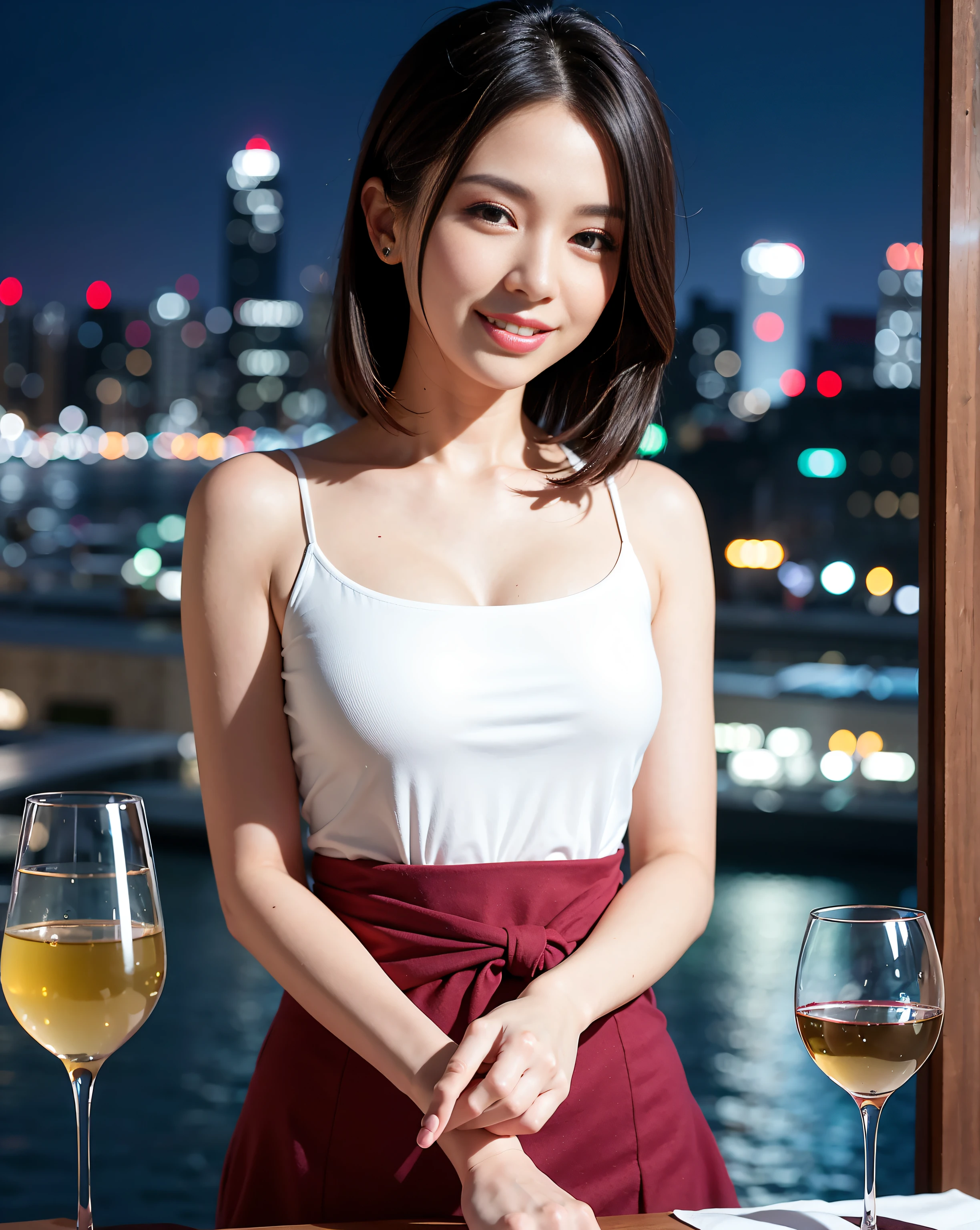 (64K, UHD, top quality, masterpiece: 1.2), (realistic, photorealistic: 1.37), super detailed, pretty woman 1 person, (slim face), (slim body), (brown hair), (short cut), cheeks slightly blushing, (44 years old), 38 years old, solo, beautiful detailed urban night view outside the window, restaurant, wine glasses sit, at night, in a prominent placeNovaFrogStyle, Actress, Model, Waist Up, White Wine, Slim, Wine Glass, Super Clean Night View, Wine Glass Put in the Middle, Happy Smile, (Smile: 1.15), Beautiful Fine Eyes, Upper Body, Bust Japan Up, Night, Short, Short, Actress, Model, Waist Up, White Wine, Slim, Wine Glass, Super Clean Night View, Wine Glass Put in the Middle, Happy Smile,
