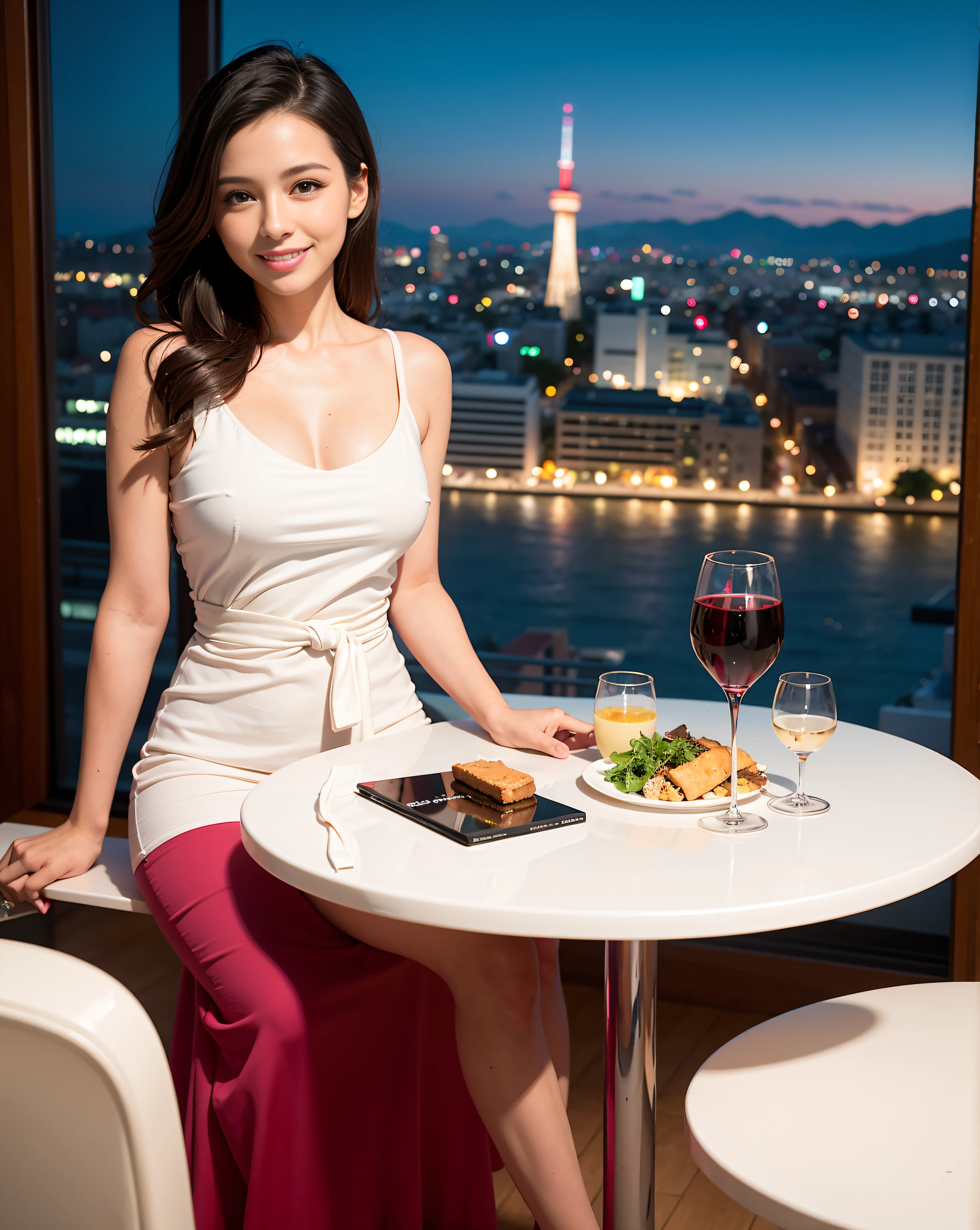 (64K, UHD, top quality, masterpiece: 1.2), (realistic, photorealistic: 1.37), super detailed, pretty woman 1 person, (slim face), (slim body), (brown hair), (short cut), cheeks slightly blushing, (44 years old), 38 years old, solo, beautiful detailed urban night view outside the window, restaurant, wine glasses sit, at night, in a prominent placeNovaFrogStyle, Actress, Model, Waist Up, White Wine, Slim, Wine Glass, Super Clean Night View, Wine Glass Put in the Middle, Happy Smile, (Smile: 1.15), Beautiful Fine Eyes, Upper Body, Bust Japan Up, Night, Short, Short, Actress, Model, Waist Up, White Wine, Slim, Wine Glass, Super Clean Night View, Wine Glass Put in the Middle, Happy Smile,