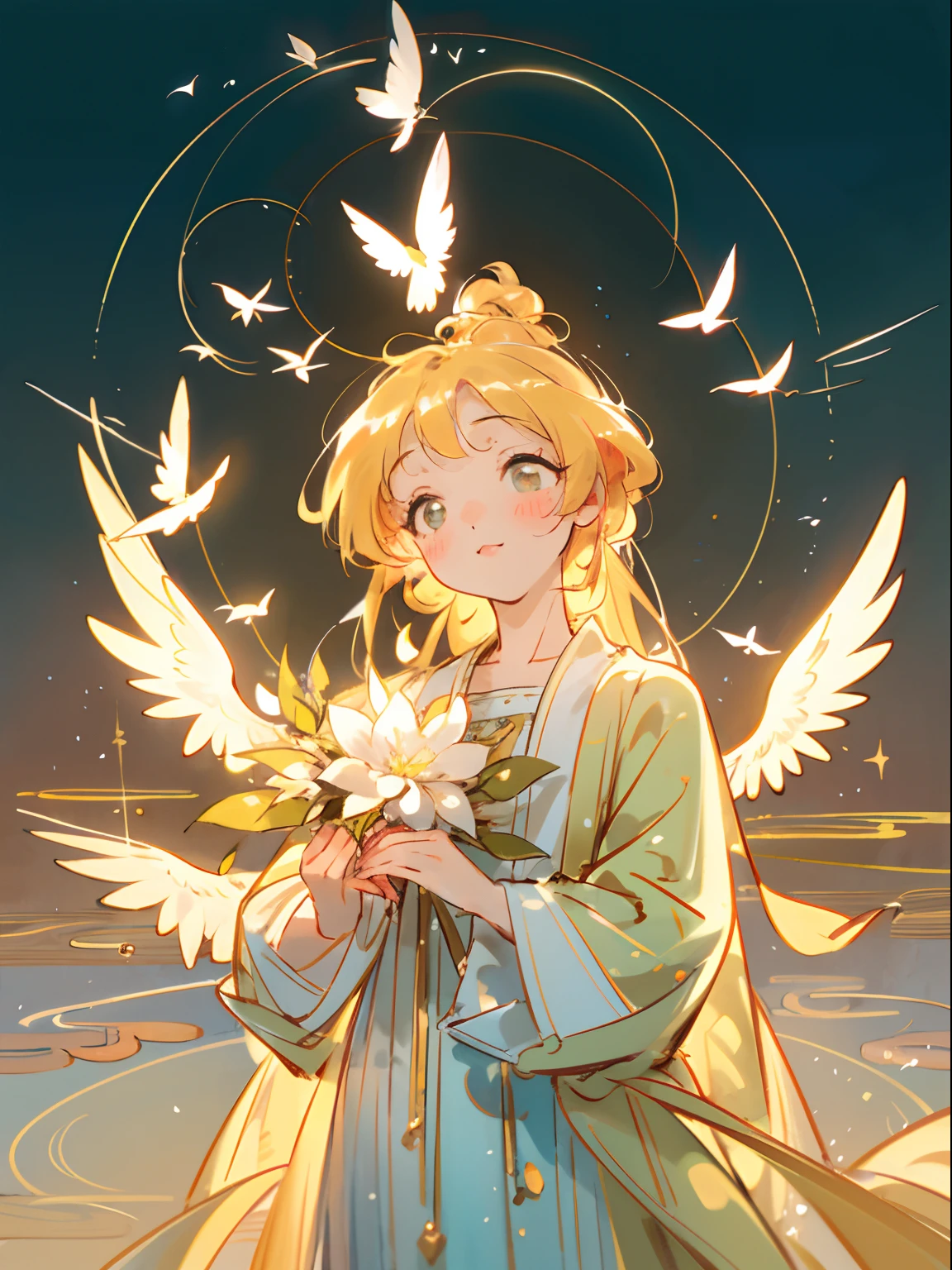 A , delicate beauty, dreamlike atmosphere, ethereal glow, graceful motion, a bird in her hand, watercolor, detailed eyes, flowing dress, vibrant colors, soft lighting, whimsical surroundings, enchanted garden, golden sunlight, ethereal scenery, glowing flowers, magical presence, gentle breeze, innocent expression, enchanting moment, artful strokes, surreal ambiance, fleeting happiness, joyful harmony, radiant innocence, tender emotions, serene tranquility, playful curiosity, captivating charm, imaginative wonder, artistic masterpiece, picturesque scene, tranquil oasis, blissful serenade, magical realism, ethereal dreamland, mesmerizing enchantment, delightful discovery, treasured memories, captivating narrative, everlasting joy. (best quality, highres, ultra-detailed, realistic, vivid colors, soft lighting)