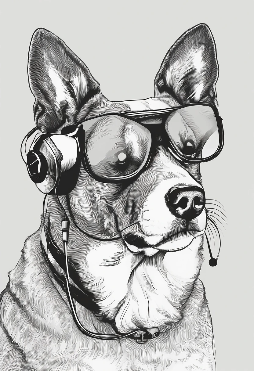 Dog wearing glasses, headphone,black and white