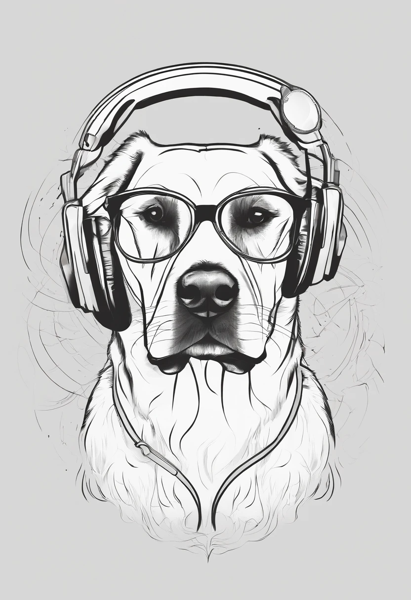 Dog wearing glasses, headphone,black and white