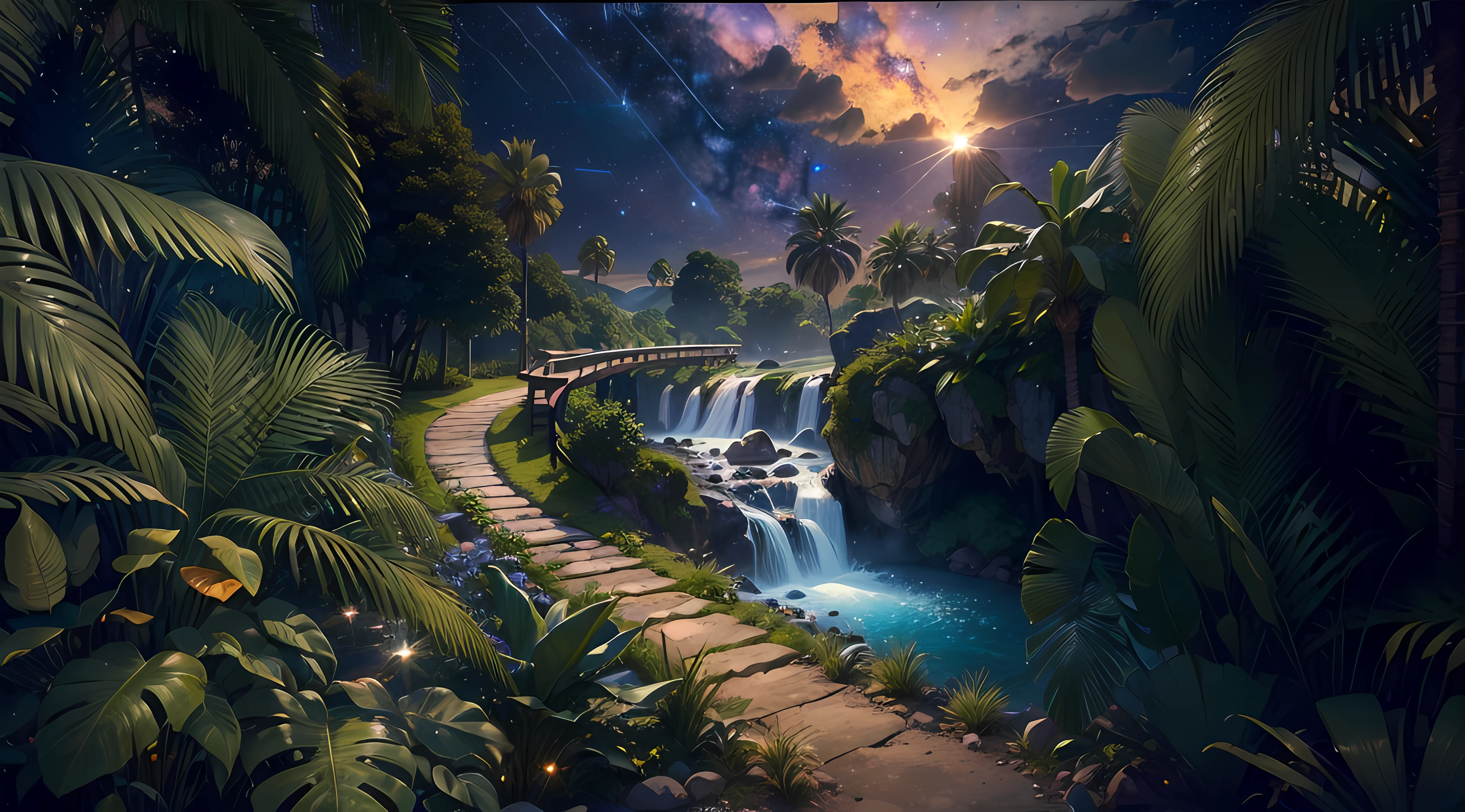 (best quality,4k,8k,highres,masterpiece:1.2),ultra-detailed,(realistic,photorealistic,photo-realistic:1.37), HDR,UHD,studio lighting,sharp focus,physically-based rendering,extreme detail description,professional,vivid colors,bokeh,landscape, tropical paradise, path of rivers, jungle, beautiful waterfall, PARADISE, luminous reflections, (((EVENING SKY FULL STARS)))