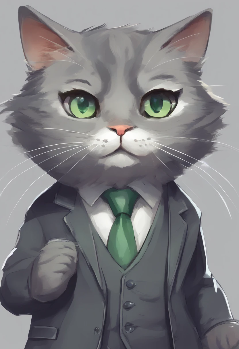 (Little gray cat ),(Best posture),(best angle), (best expression), Canon EOS R, Little fir green suit Gillette, eBlue eyes, adolable