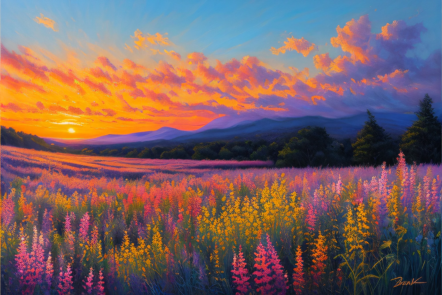 Eau couleur cobalt,coucher du soleil,fleurs,(Highly detailed CG Unit 8k wallpaper), The most beautiful work of art in the world, Professional majestic oil painting, complexe, High detail, mise au point nette, dramatique, Art of photorealist painting,