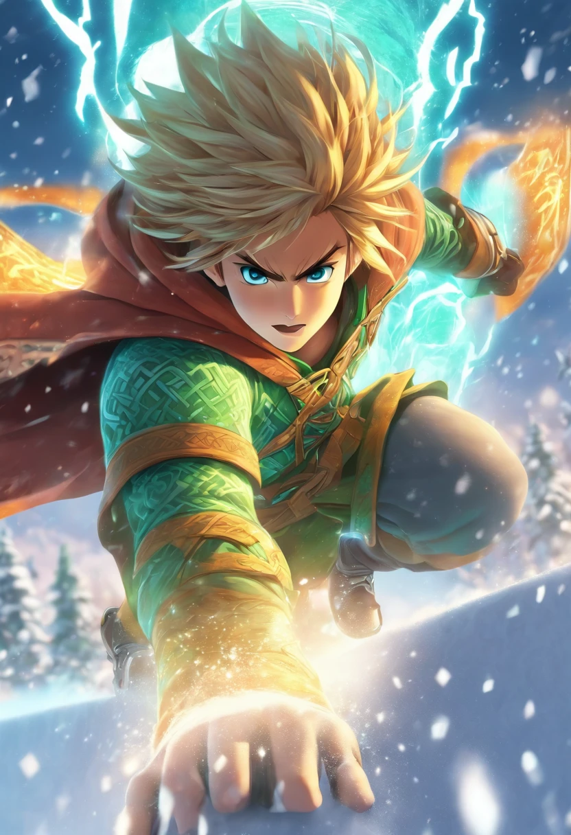 (((cian))) Snowboarding is slipping,Best Quality, Ultra-high resolution, 4K Detail CG, masutepiece,Celtic gods,lightning bolt, ,Celtic clothing,Celtic mythology, ((Celtic god of thunder)) ,Celtic image,aesthetics