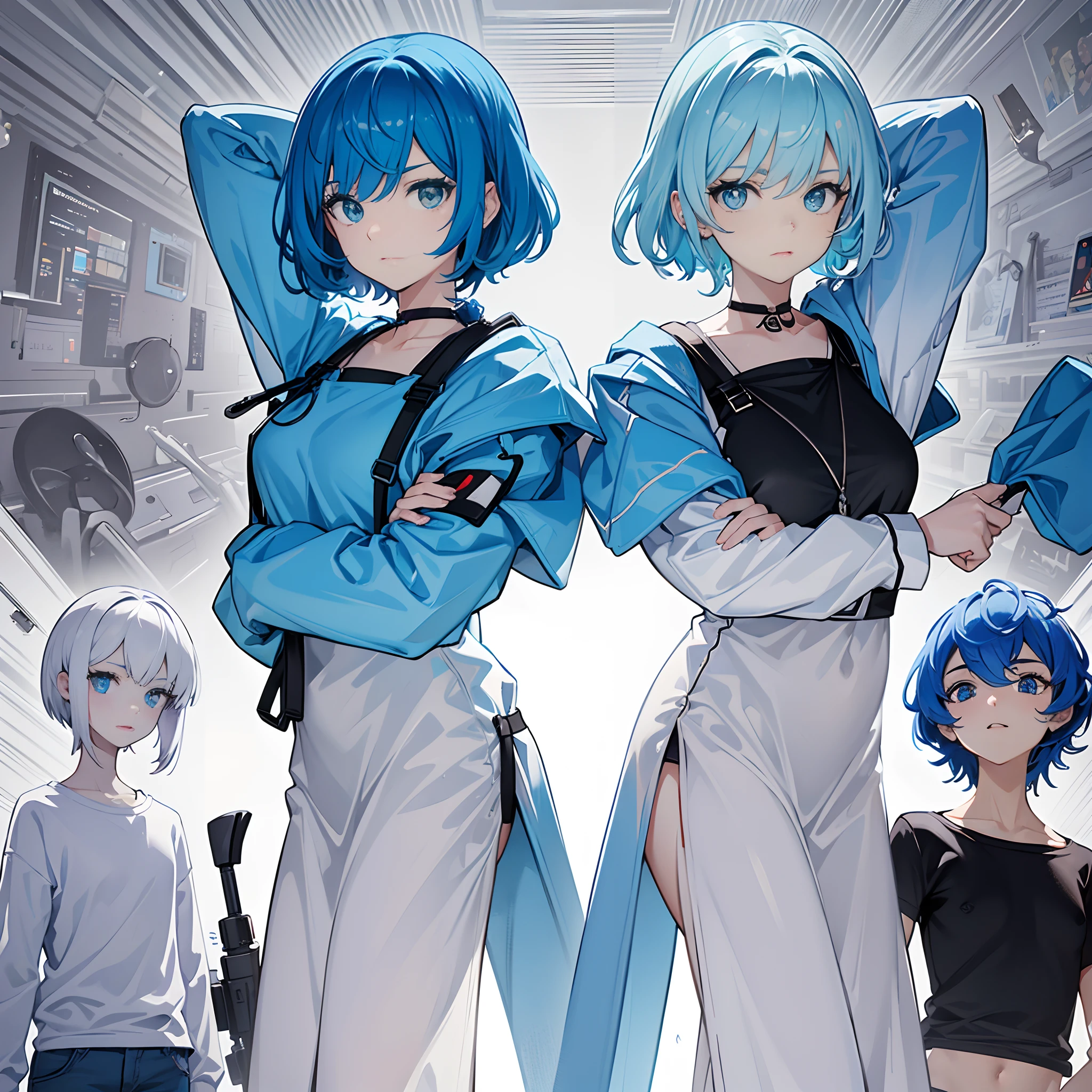 Pngtuber model reference sheet, bust up, facing front, facing the same way, 2 expressions, with blink and open and closed mouth combinations. Blue eyes and short light blue hair. ((Casual clothing)), solid white background